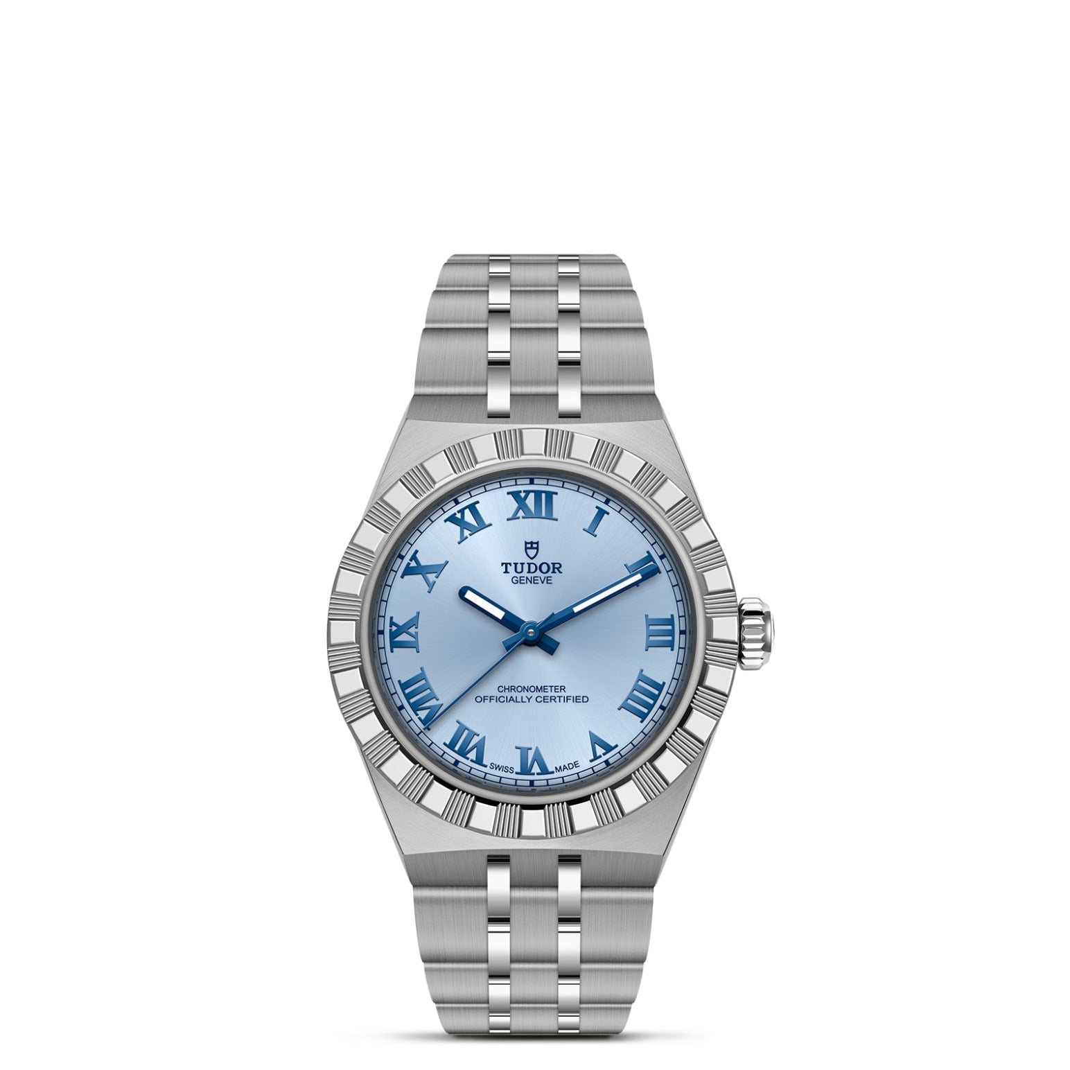 The TUDOR Royal by TUDOR features a stainless steel case, light blue dial with blue Roman numerals, fluted bezel, and metal link bracelet—an automatic sport-chic watch displayed on a plain white background.