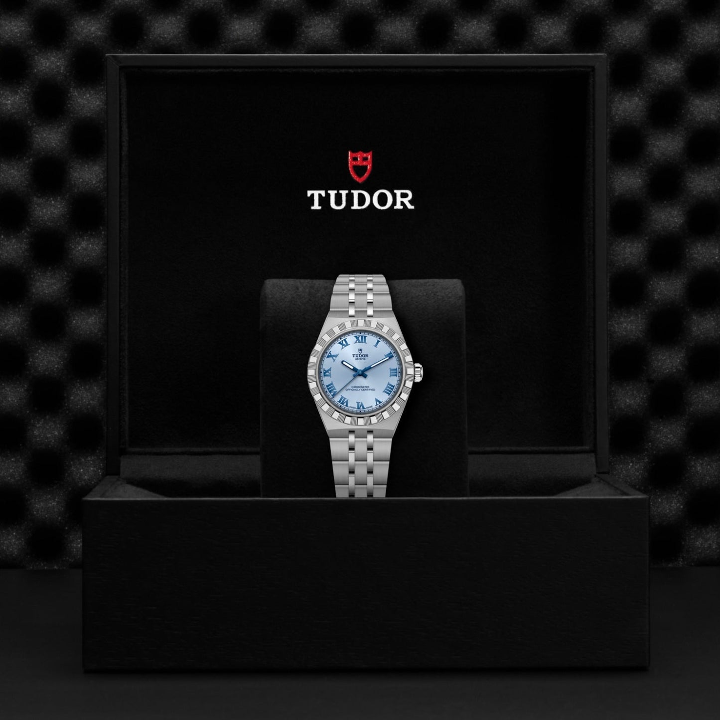 A TUDOR Royal stainless steel watch with a light blue dial rests on a black cushion inside an open TUDOR box, displaying the red Tudor logo and white branding text on the inner lid.