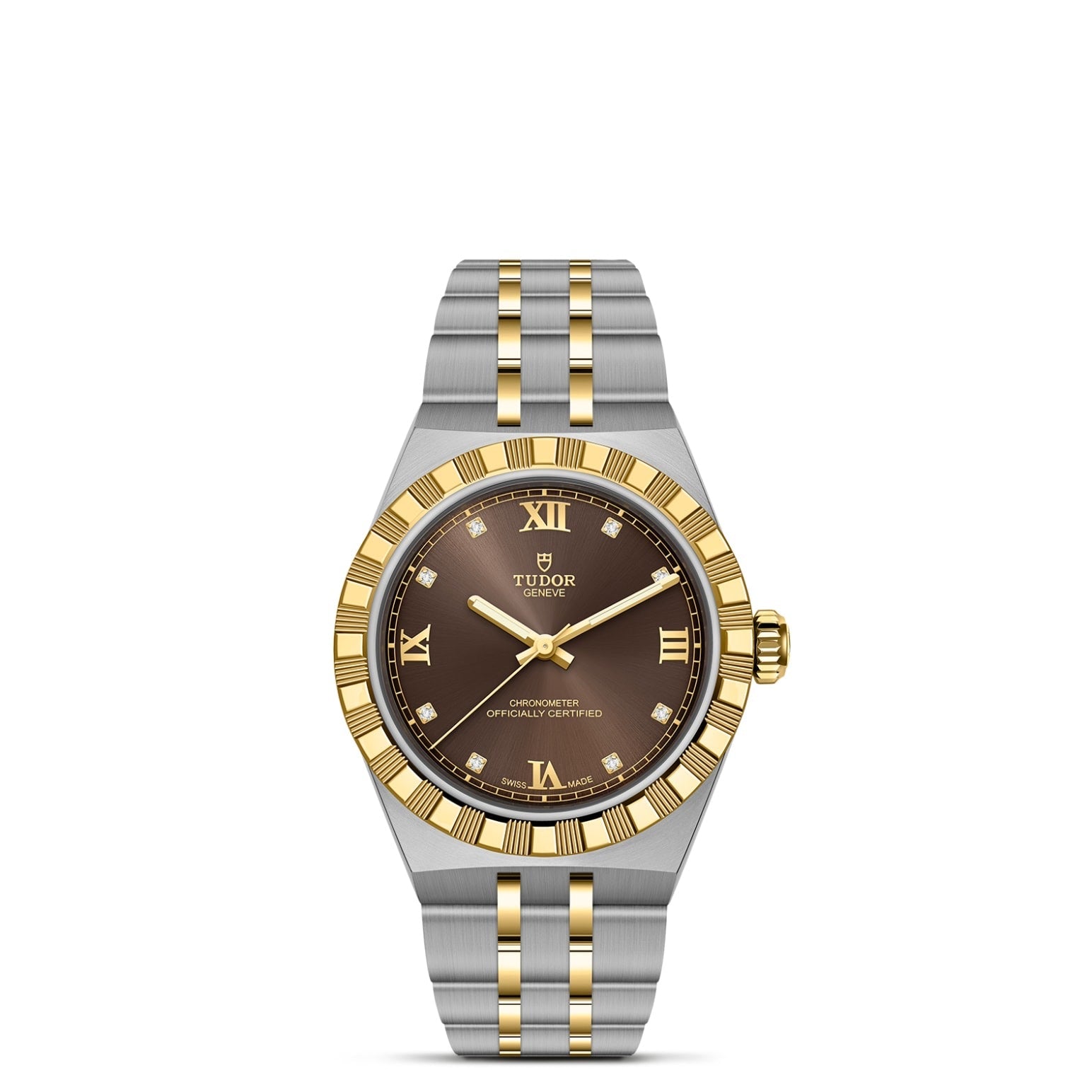 The TUDOR Royal is a luxury wristwatch featuring a brown dial with gold Roman numerals, ridged gold bezel, and two-tone silver and gold bracelet—a sport-chic automatic timepiece showcasing TUDOR's renowned quality.