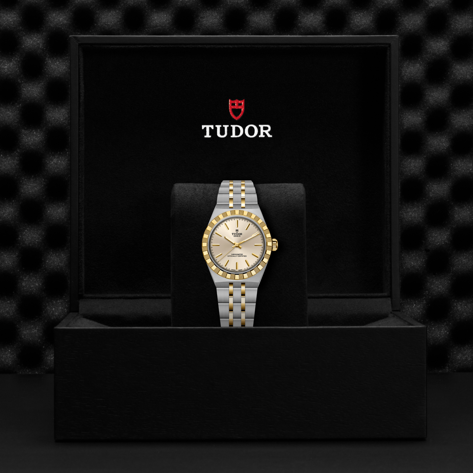 The TUDOR Royal, a two-tone stainless steel and gold wristwatch by TUDOR, is showcased upright in a black Tudor-branded watch box against a textured black background, representing the essence of automatic sport-chic watches.
