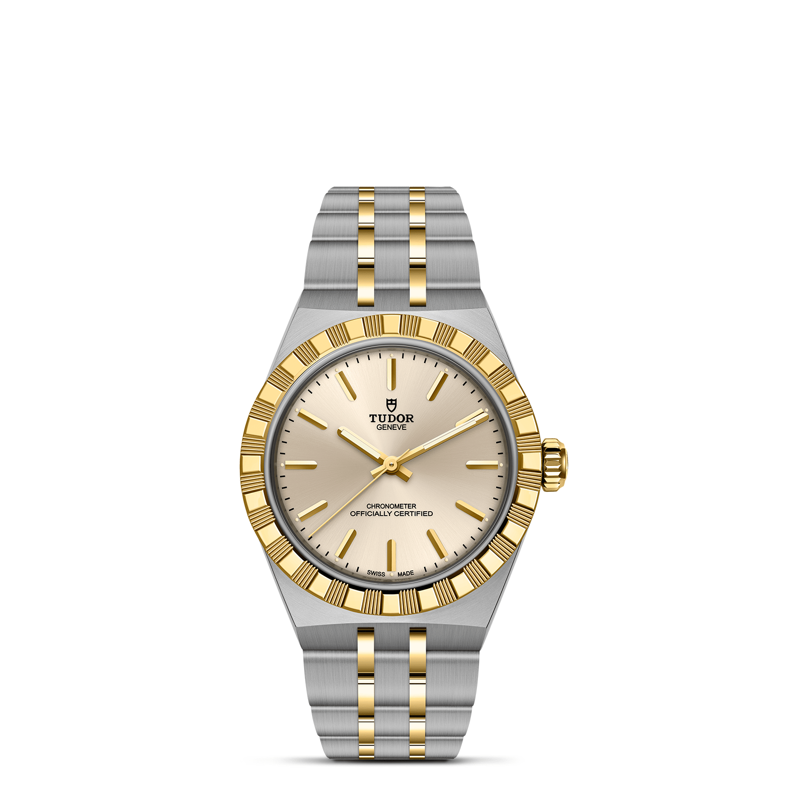 The TUDOR Royal is a luxury wristwatch by TUDOR, featuring a stainless steel and gold striped band, silver dial, gold hour markers and hands, a fluted gold bezel, brand logo on the face, and "Officially Certified" text.