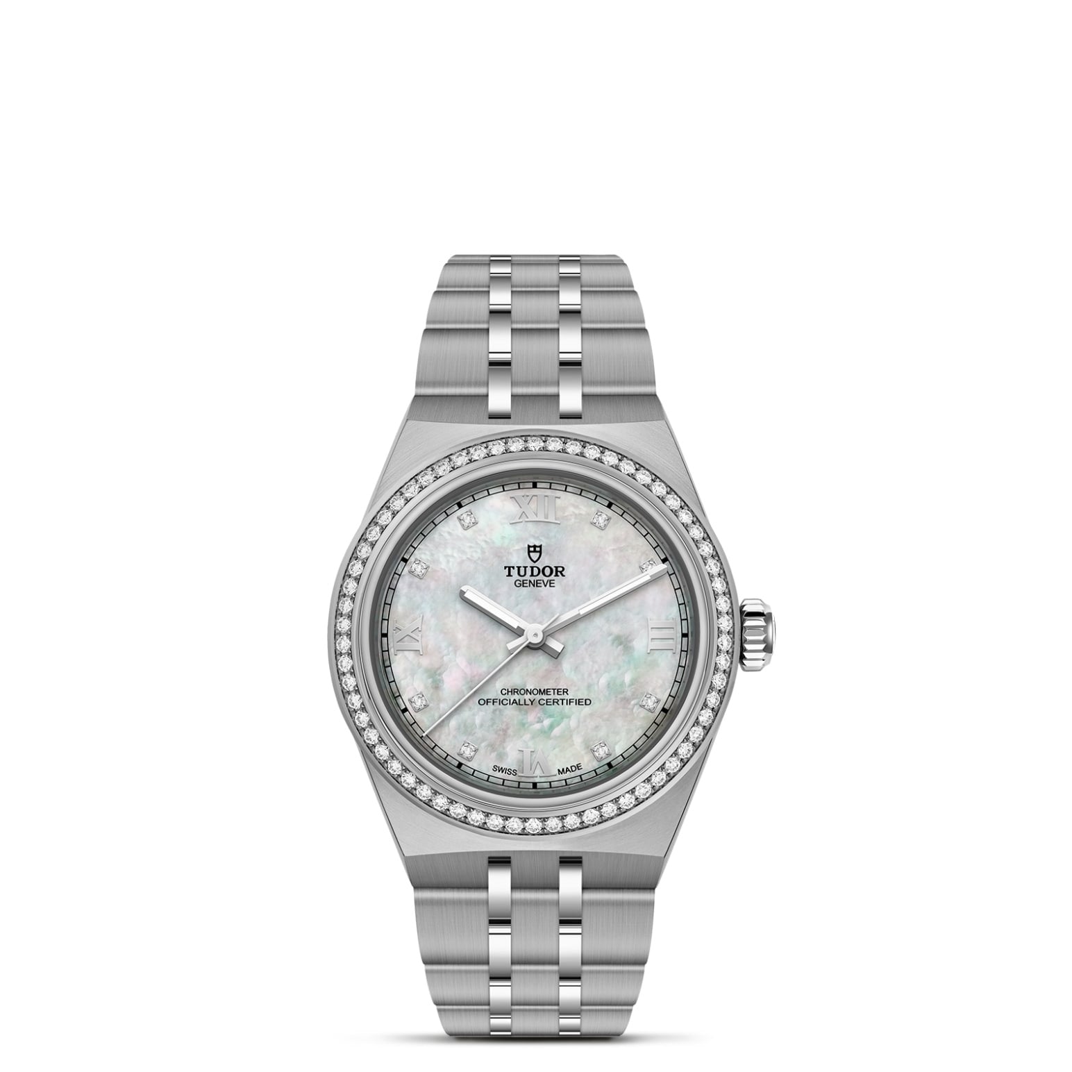 The TUDOR Royal by TUDOR is a silver wristwatch with an integrated stainless steel bracelet, diamond-set bezel, and a white mother-of-pearl dial with silver markers and hands.