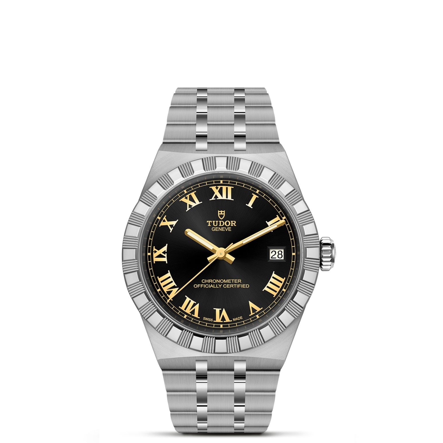 The TUDOR Royal by TUDOR features a black dial, gold Roman numerals, date at 3 o'clock, fluted bezel, and stainless steel bracelet—a refined automatic watch that blends sport-chic style with elegance.