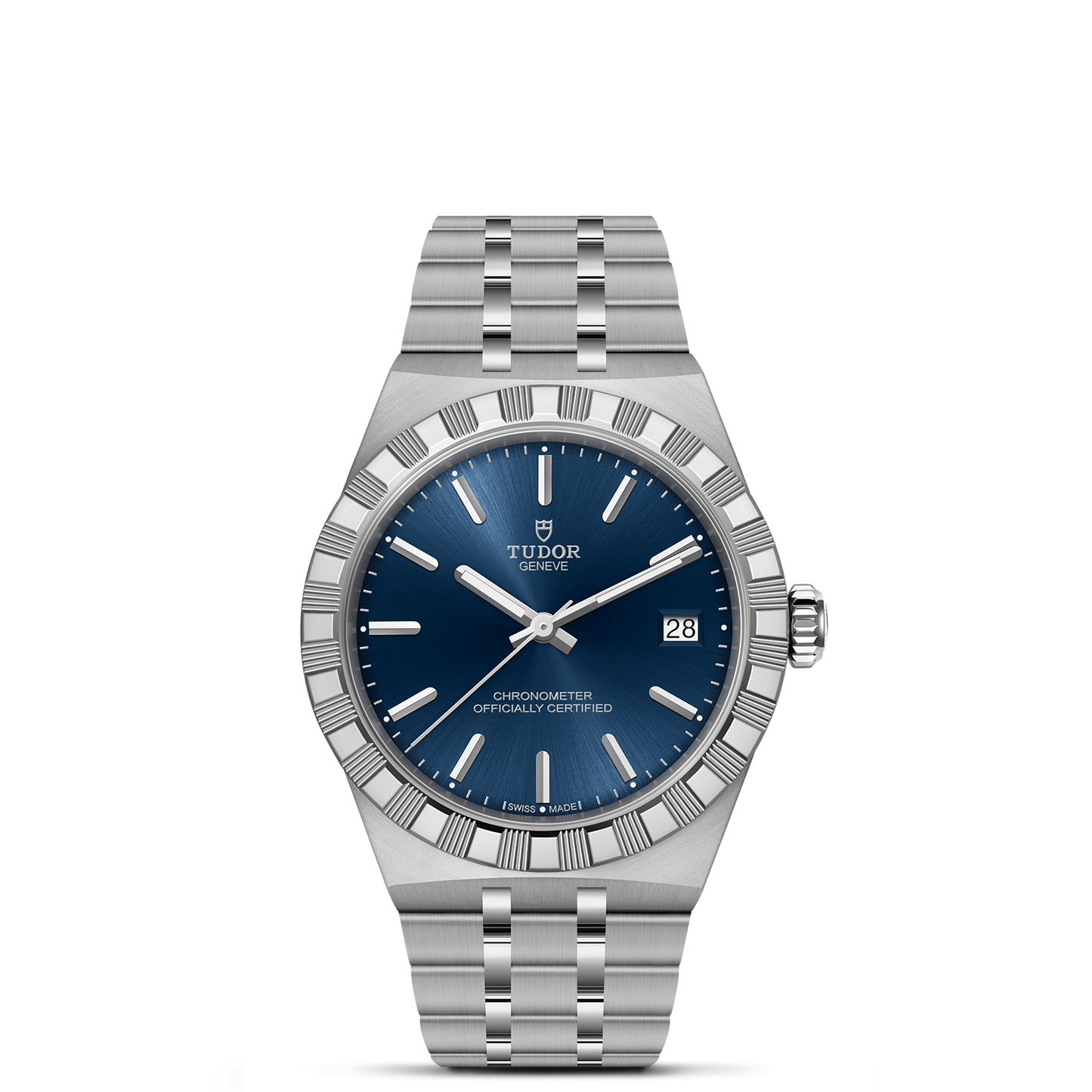 The TUDOR Royal by TUDOR features a stainless steel case, blue dial with silver hour markers, date at 3 o’clock, fluted bezel, and metal bracelet—an automatic sport-chic watch displayed against a white background.