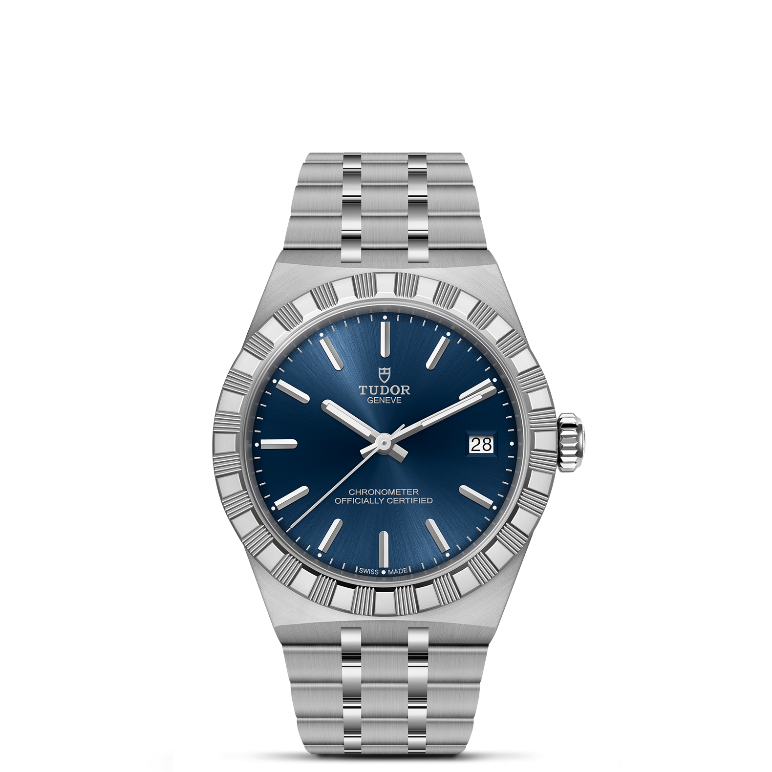 The TUDOR Royal by TUDOR features a stainless steel case, blue dial with silver hour markers, date at 3 o’clock, fluted bezel, and metal bracelet—an automatic sport-chic watch displayed against a white background.