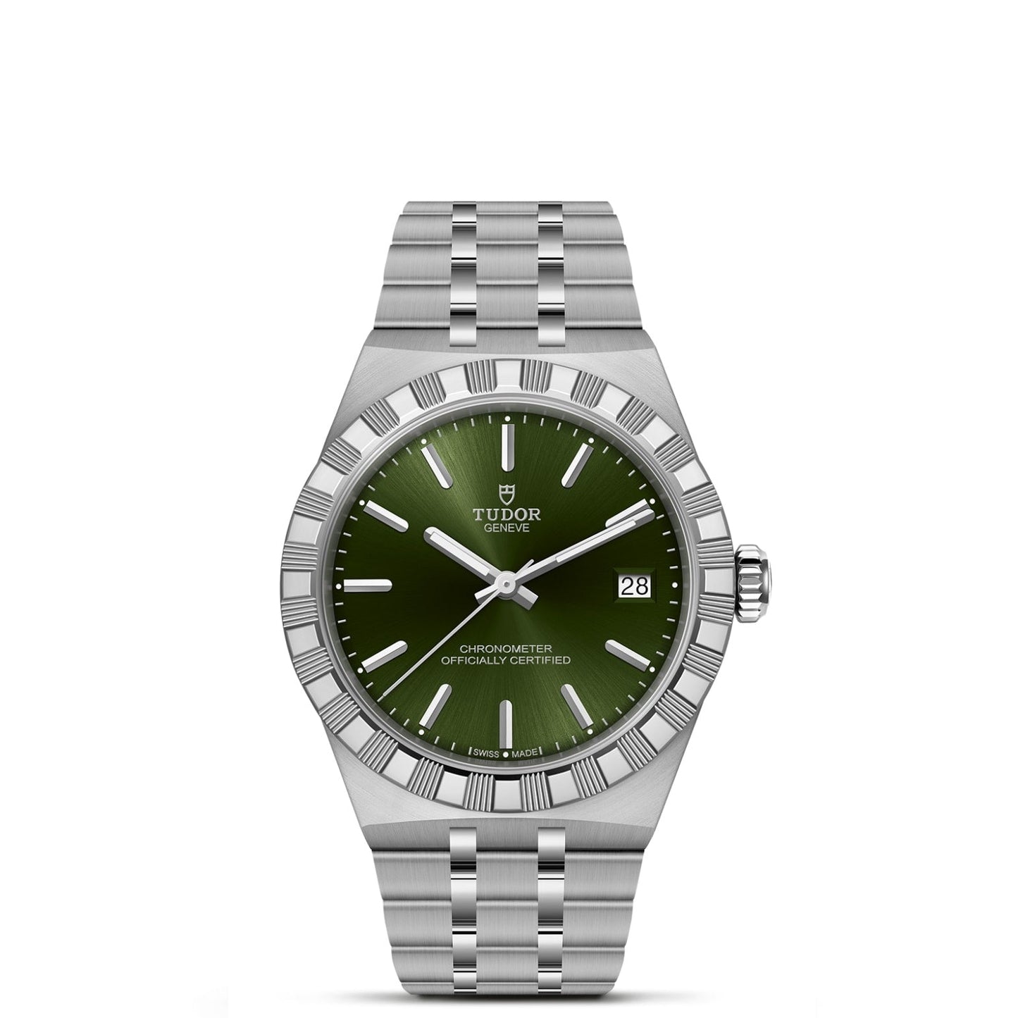 The TUDOR Royal by TUDOR features a stainless steel case, green sunray dial, fluted bezel, silver markers, date at 3 o’clock, metal bracelet, and the "CHRONOMETER OFFICIALLY CERTIFIED" logo—an automatic sport-chic wristwatch.