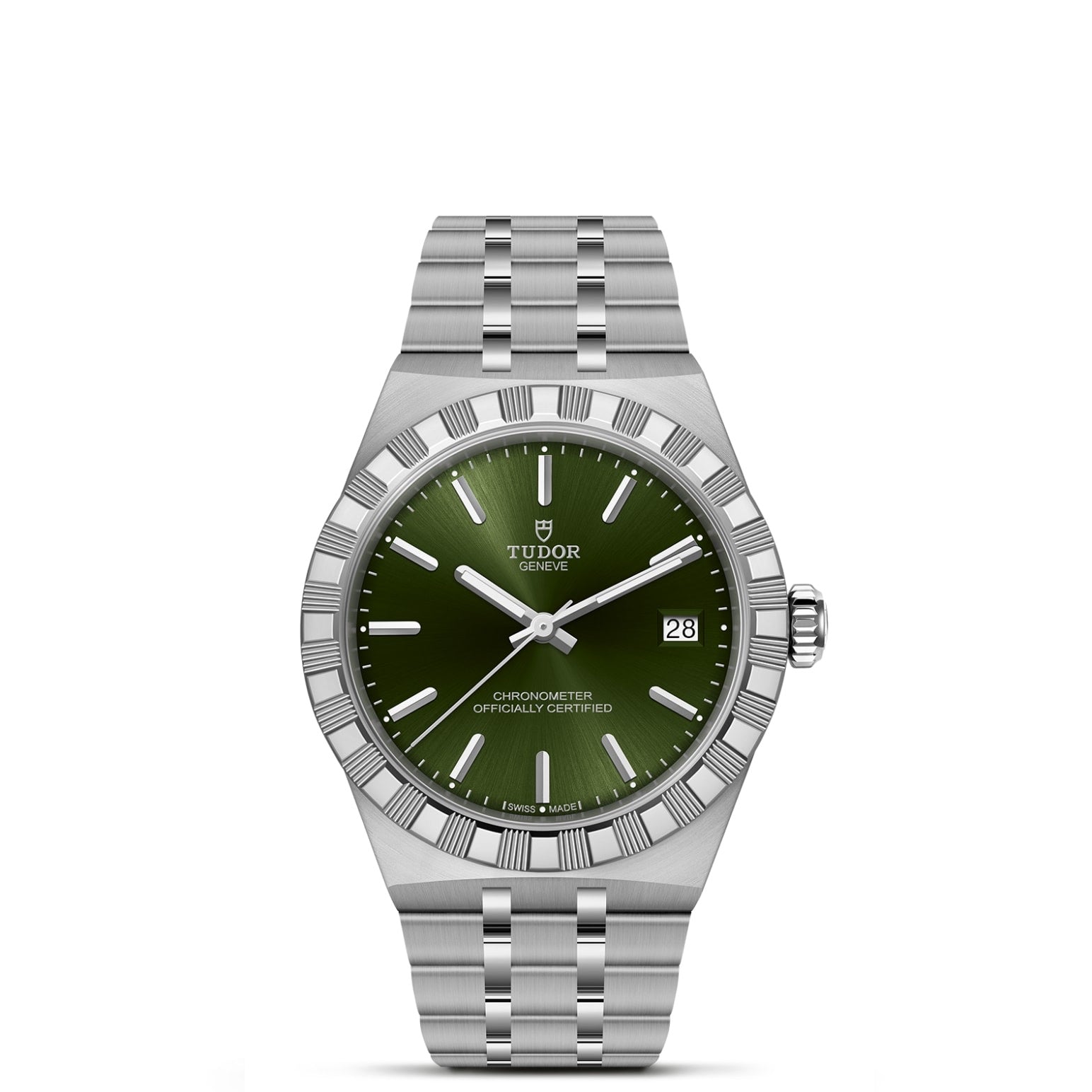 The TUDOR Royal by TUDOR features a stainless steel case, green sunray dial, fluted bezel, silver markers, date at 3 o’clock, metal bracelet, and the "CHRONOMETER OFFICIALLY CERTIFIED" logo—an automatic sport-chic wristwatch.