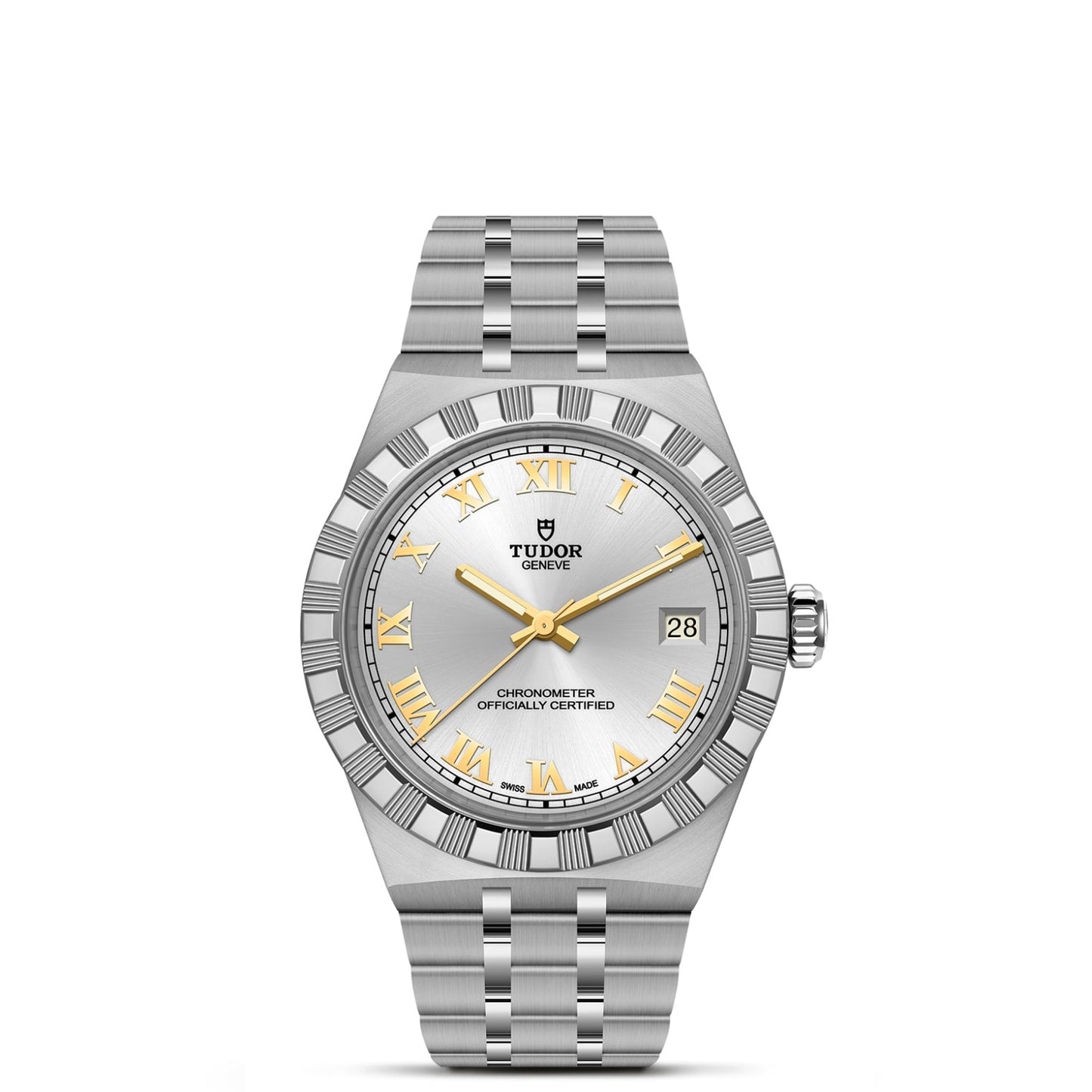 The TUDOR Royal by TUDOR features a silver dial, gold Roman numerals and hands, date at 3 o’clock, fluted bezel, stainless steel bracelet, and is an automatic sport-chic watch officially certified as a chronometer.