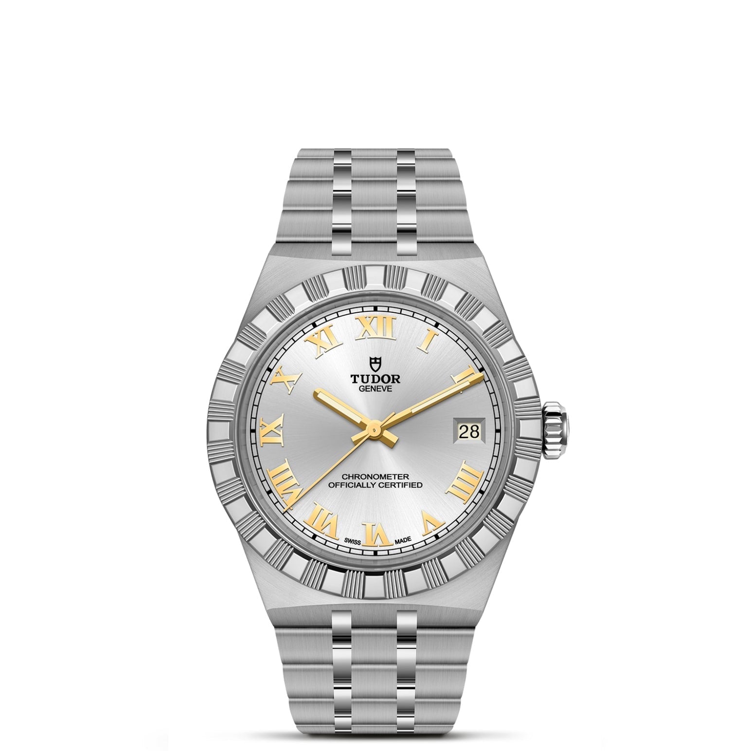 The TUDOR Royal by TUDOR features a silver dial, gold Roman numerals and hands, date at 3 o’clock, fluted bezel, stainless steel bracelet, and is an automatic sport-chic watch officially certified as a chronometer.