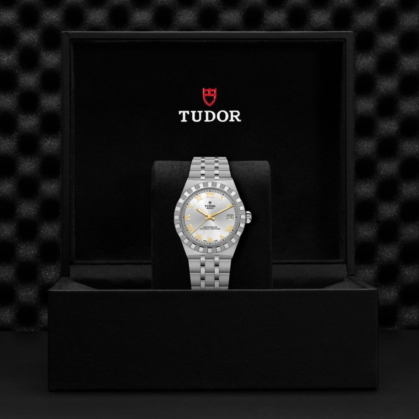 The TUDOR Royal by TUDOR, featuring a silver band and gold-accented face, is displayed upright in a black Tudor watch box with the logo and red shield, standing out against a textured, dark background.