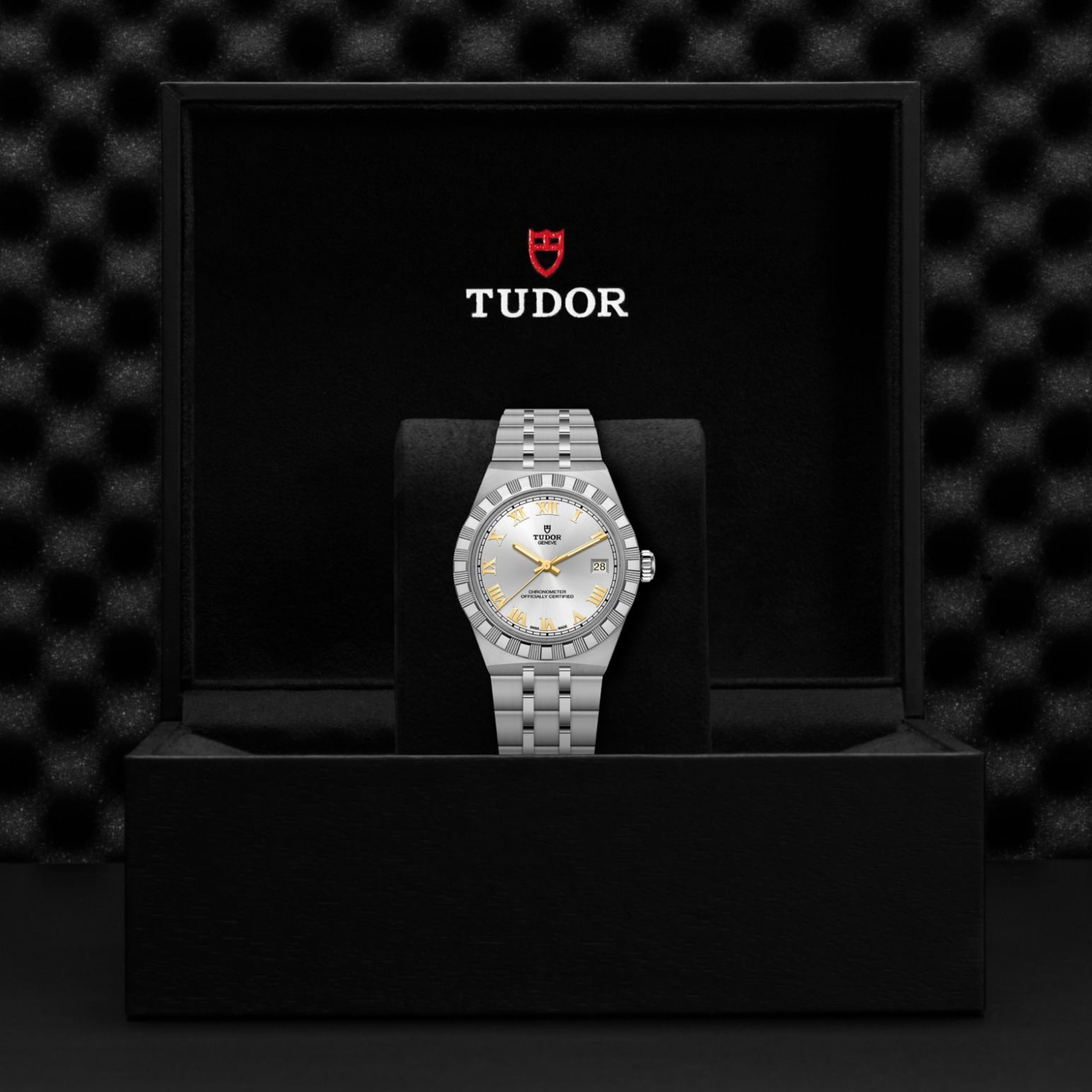 The TUDOR Royal by TUDOR, featuring a silver band and gold-accented face, is displayed upright in a black Tudor watch box with the logo and red shield, standing out against a textured, dark background.