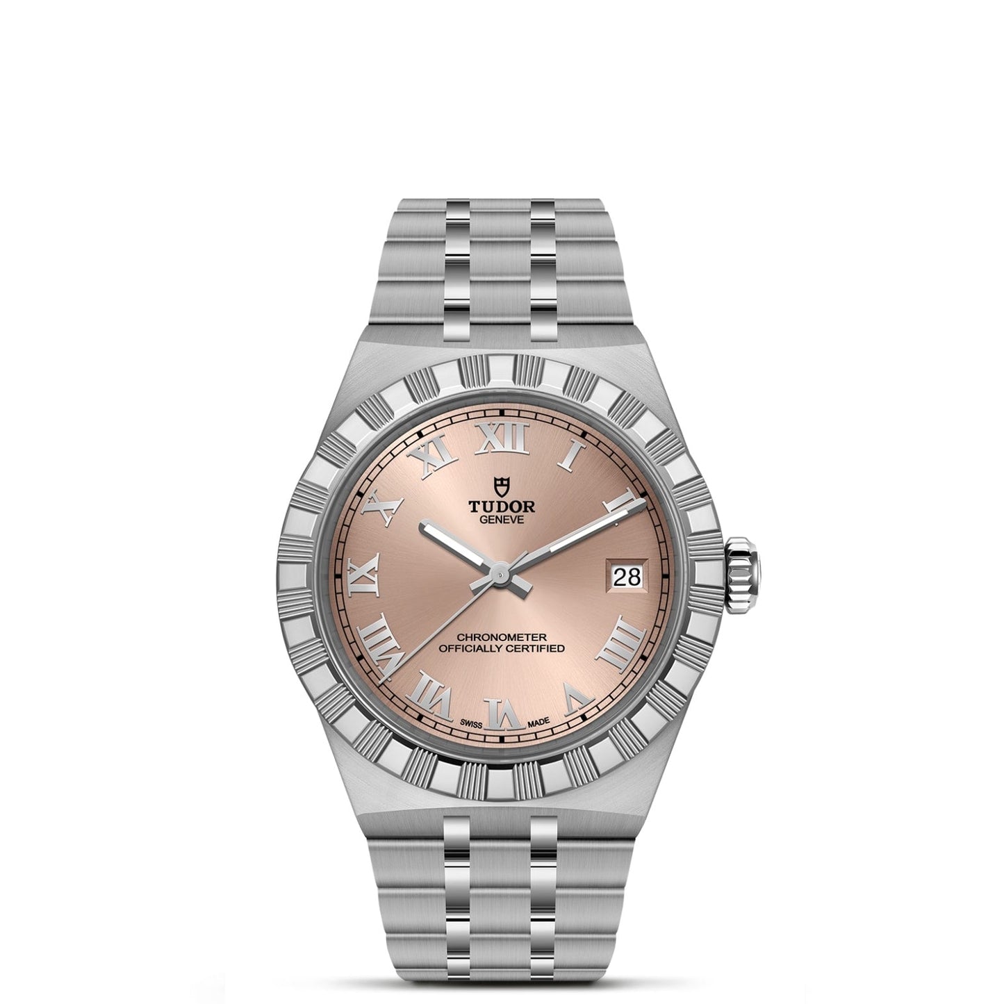The TUDOR Royal by TUDOR features a silver steel band, fluted bezel, salmon dial with Roman numerals, date at 3 o'clock, and three hands—offering timeless elegance and automatic sport-chic style.