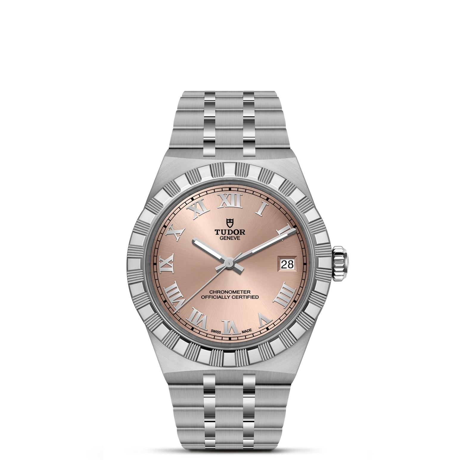 The TUDOR Royal by TUDOR features a silver steel band, fluted bezel, salmon dial with Roman numerals, date at 3 o'clock, and three hands—offering timeless elegance and automatic sport-chic style.