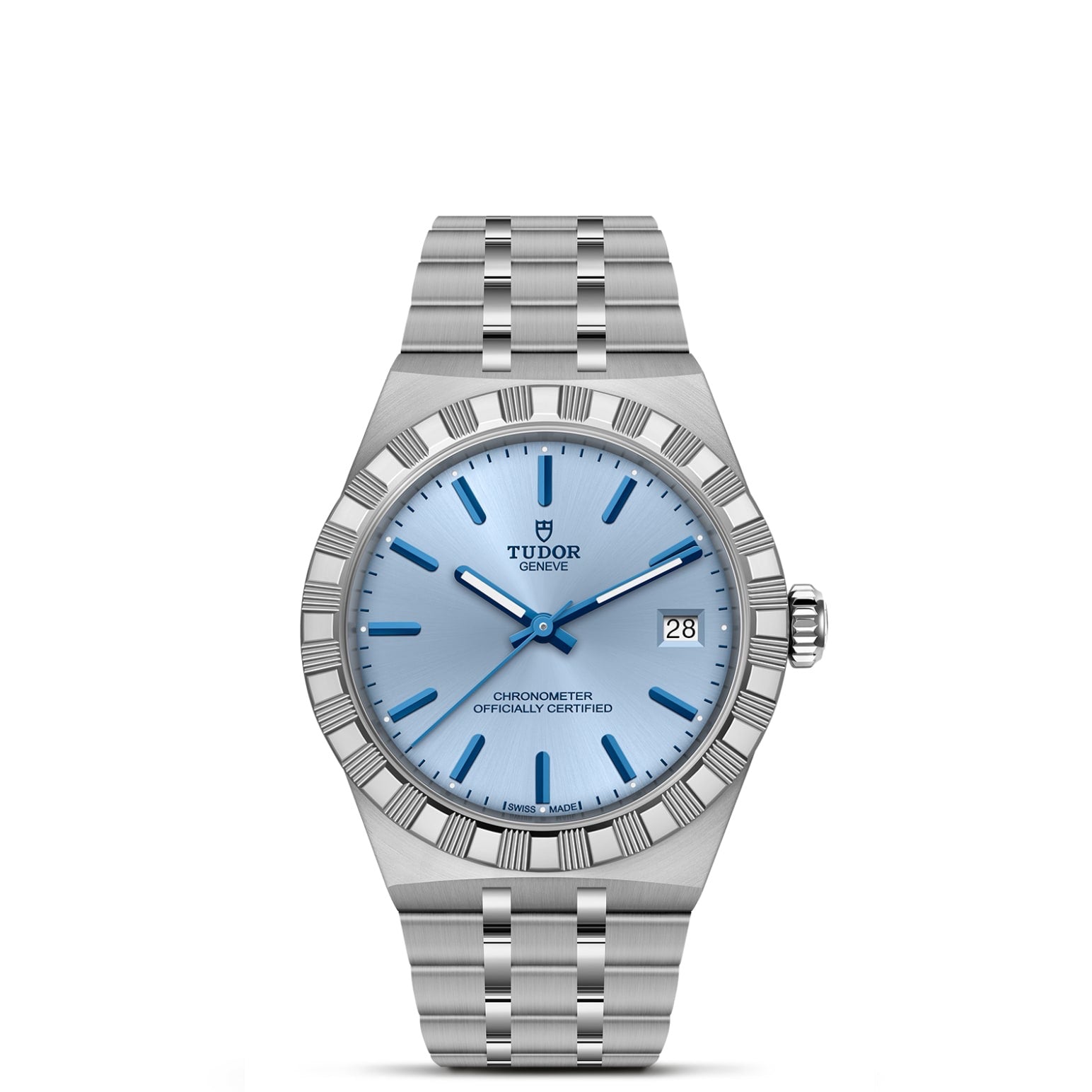 The TUDOR Royal is a stainless steel automatic watch with a blue dial, silver hour markers, date at 3 o’clock, fluted bezel, and metal bracelet—marked “Tudor Genève Chronometer Officially Certified.”.