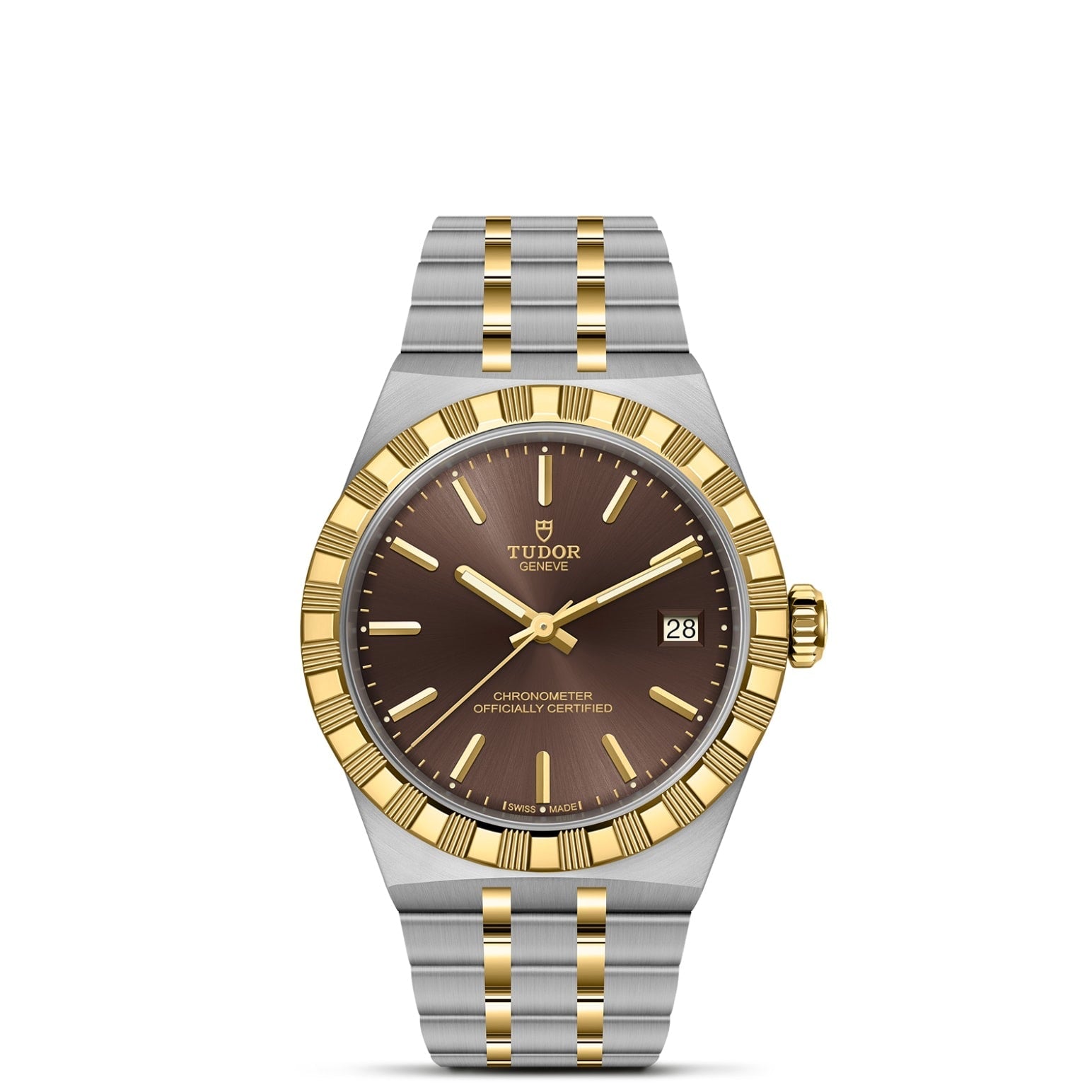 The TUDOR Royal by TUDOR features a brown dial, gold hour markers, date at 3 o’clock, and a two-tone silver and gold bracelet. Gold bezel and crown accent its stainless steel and gold construction for an elegant automatic sport-chic style.