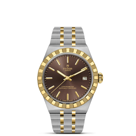 The TUDOR Royal by TUDOR features a brown dial, gold hour markers, date at 3 o’clock, and a two-tone silver and gold bracelet. Gold bezel and crown accent its stainless steel and gold construction for an elegant automatic sport-chic style.
