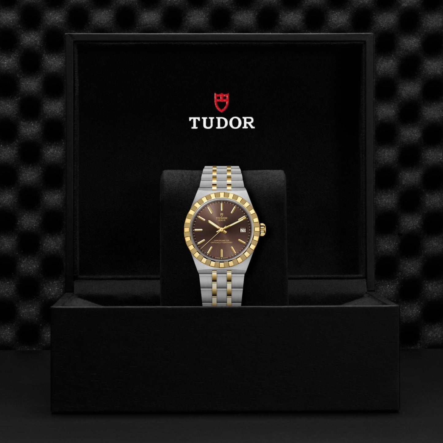 A TUDOR Royal automatic watch with a two-tone gold and silver design and brown dial is displayed upright in a black presentation box featuring the TUDOR logo and red shield, set against a textured black background.