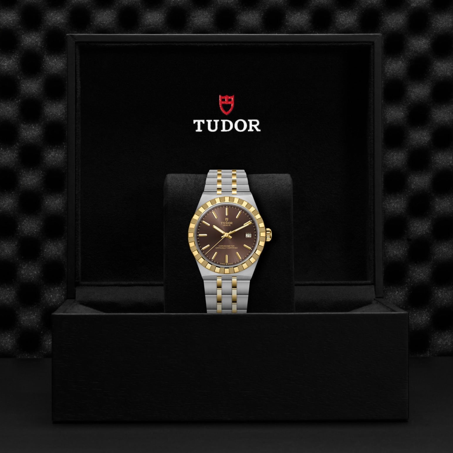 A TUDOR Royal automatic watch with a two-tone gold and silver design and brown dial is displayed upright in a black presentation box featuring the TUDOR logo and red shield, set against a textured black background.
