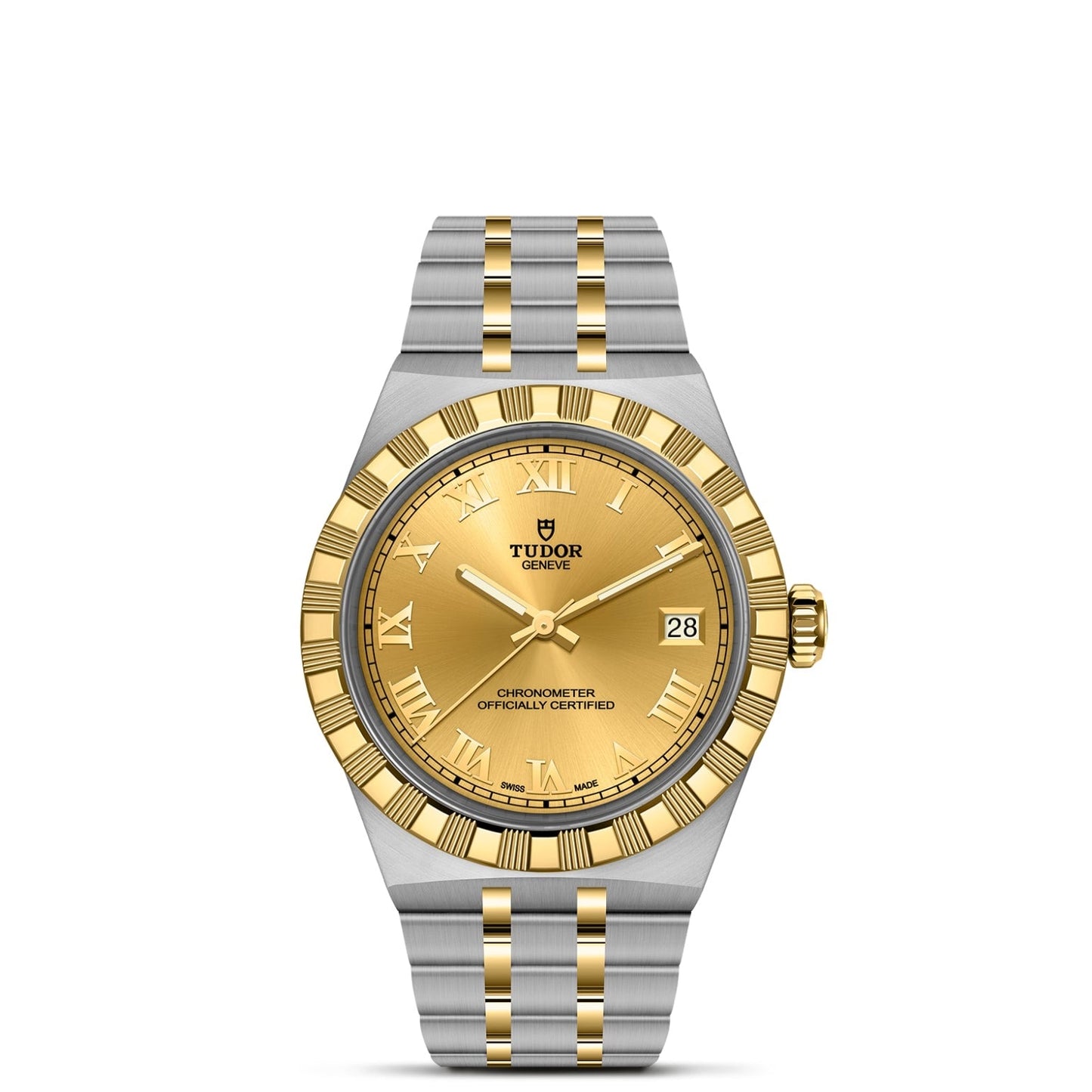 The TUDOR Royal by TUDOR features a gold and silver metal band, gold dial with Roman numerals, date at 3 o’clock, and a fluted gold bezel—a standout in automatic sport-chic wristwatches.