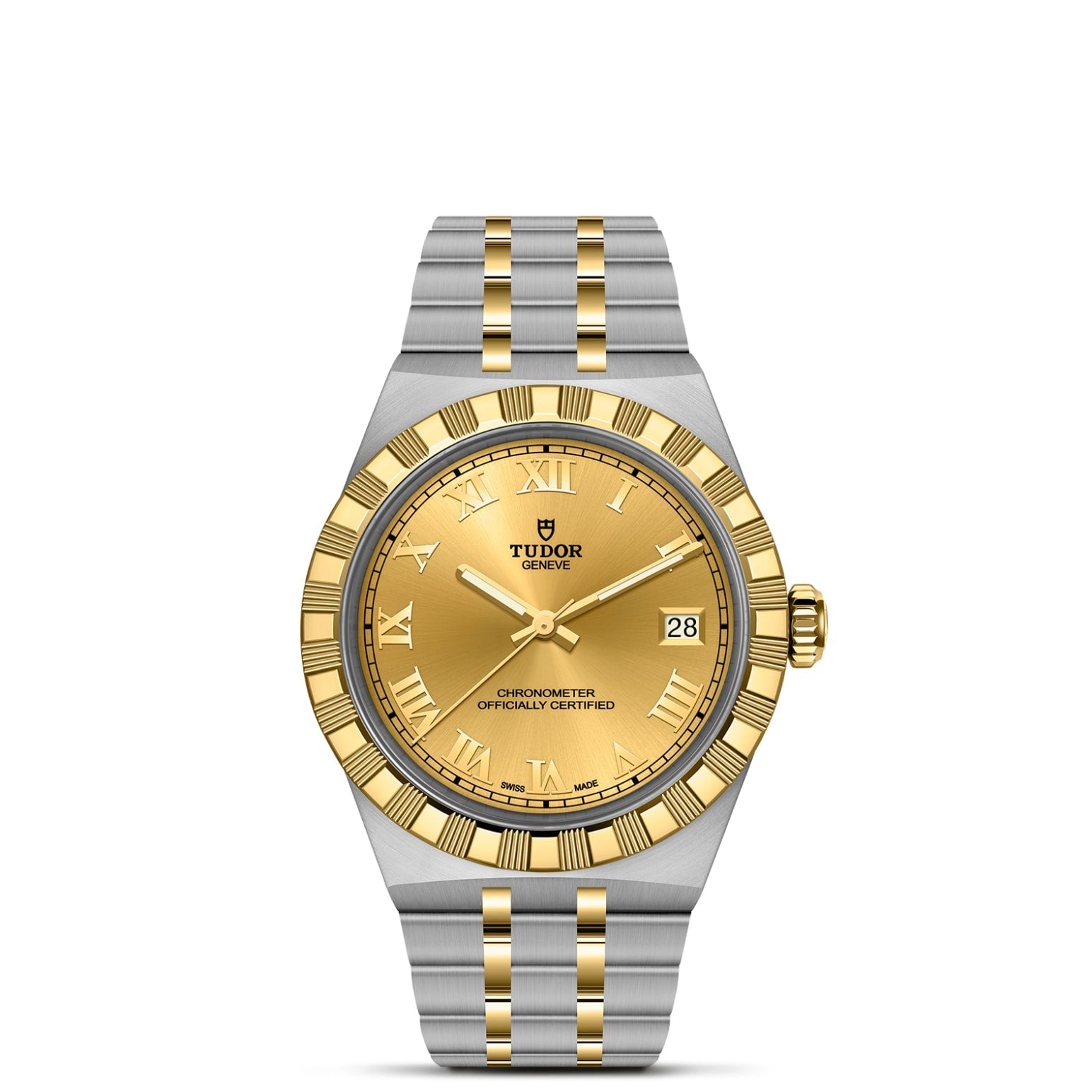 The TUDOR Royal by TUDOR features a gold and silver metal band, gold dial with Roman numerals, date at 3 o’clock, and a fluted gold bezel—a standout in automatic sport-chic wristwatches.