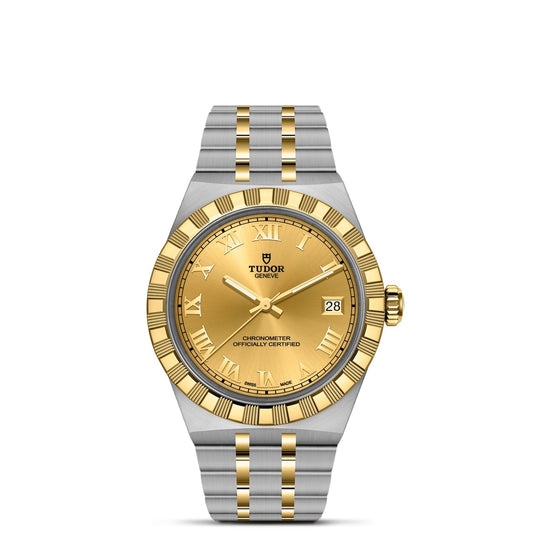 The TUDOR Royal by TUDOR features a gold and silver metal band, gold dial with Roman numerals, date at 3 o’clock, and a fluted gold bezel—a standout in automatic sport-chic wristwatches.