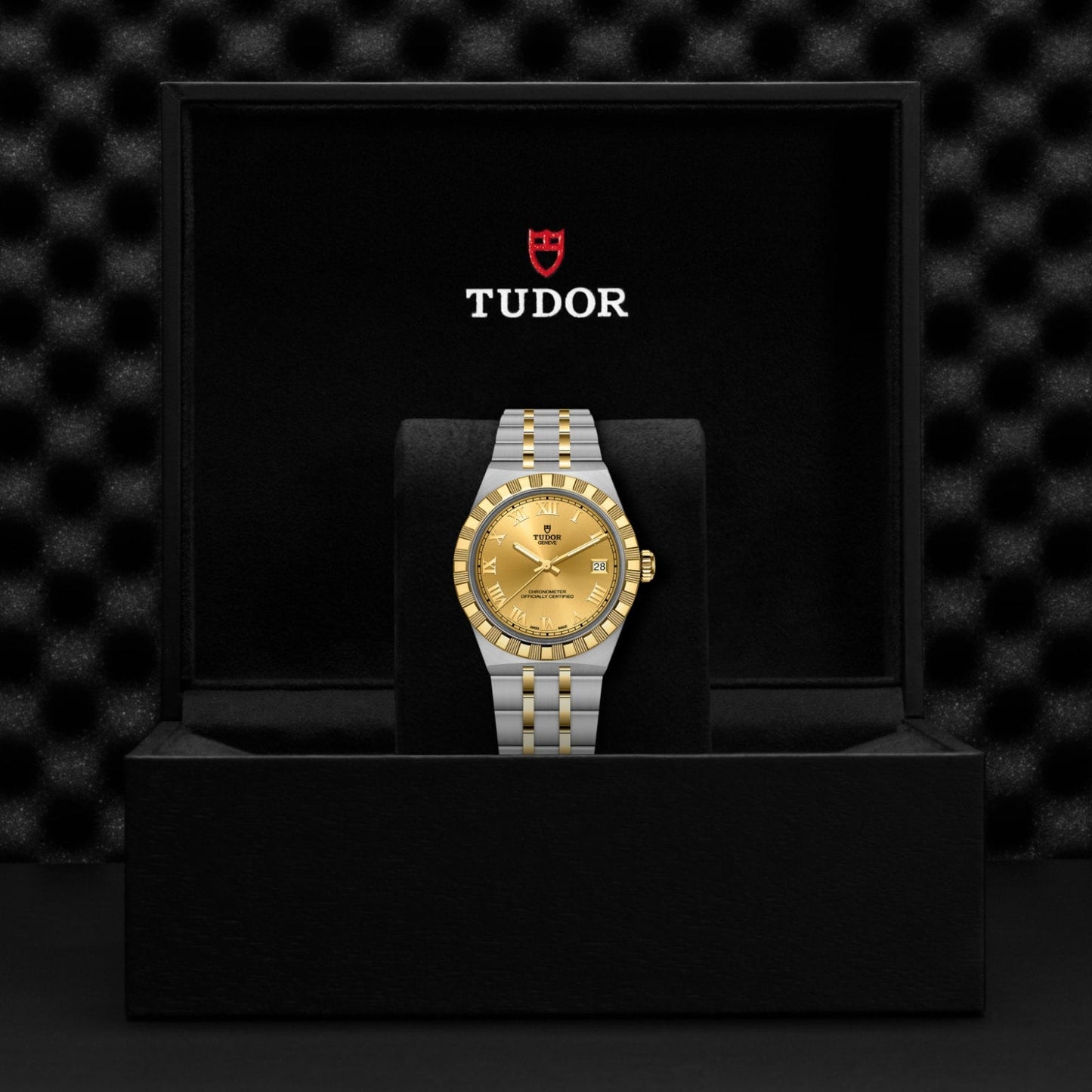 A TUDOR Royal two-tone wristwatch with a gold face and silver & gold bracelet rests in an open black TUDOR-branded watch box with a soft, textured interior, reflecting the automatic sport-chic legacy of the TUDOR Royal.