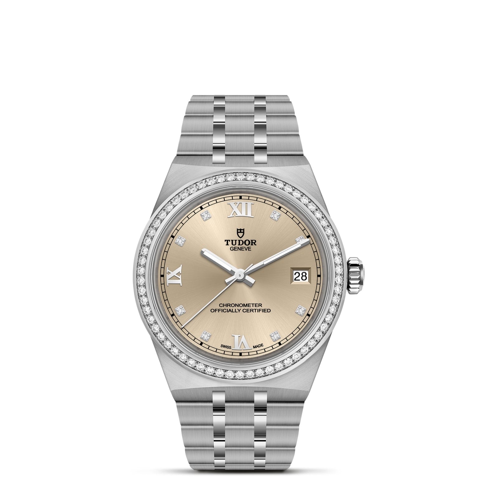 The TUDOR Royal by TUDOR features a champagne dial with Roman numerals, date window at 3 o’clock, diamond-set bezel, and stainless steel bracelet—a standout automatic sport-chic wristwatch.