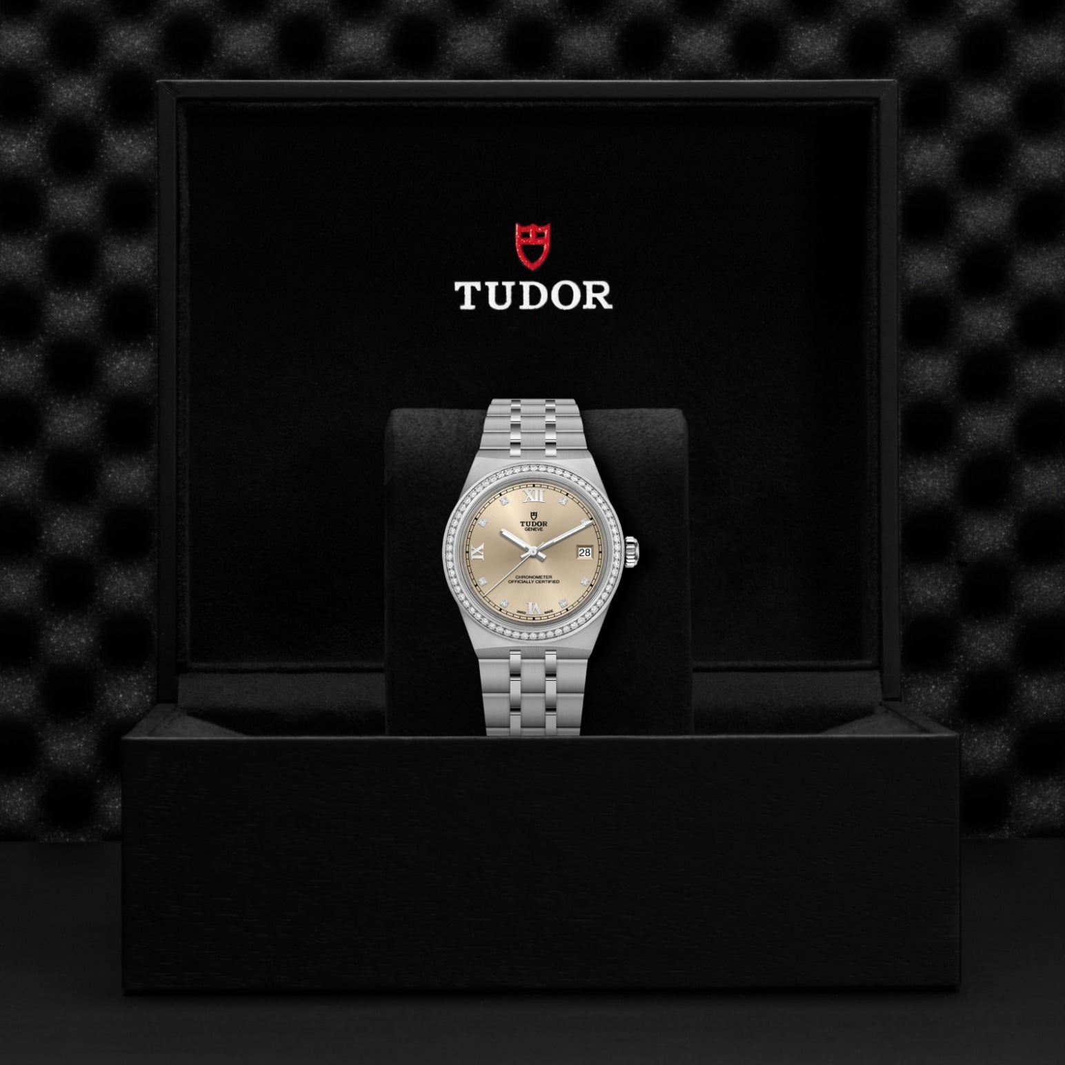 The TUDOR Royal sits upright in an open black TUDOR box with the brand logo inside the lid. Against a black textured background, this stainless steel watch with a champagne dial showcases the automatic sport-chic style of TUDOR.
