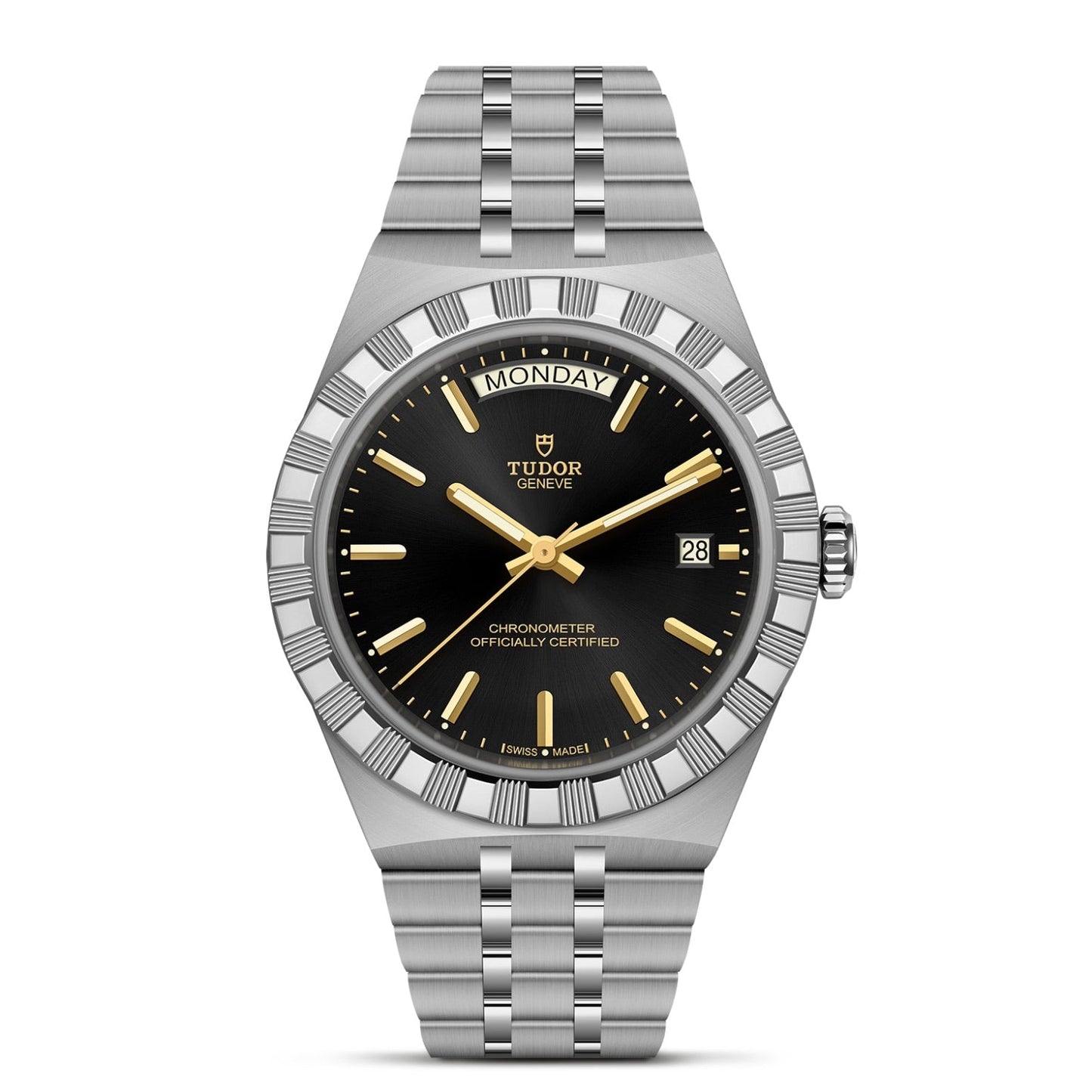 The TUDOR Royal by TUDOR features a stainless steel case, black dial, gold hour markers and hands, day display at 12 o’clock, date at 3 o’clock, and a silver metal bracelet—showcasing automatic sport-chic style.
