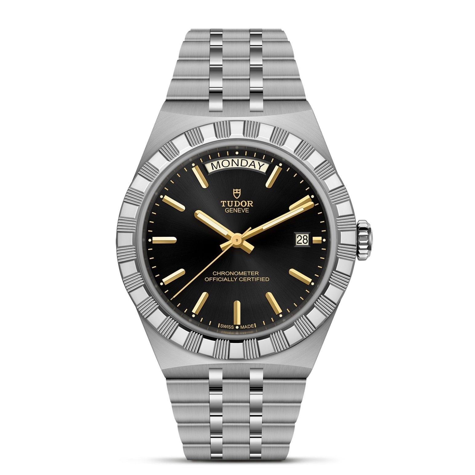 The TUDOR Royal by TUDOR features a stainless steel case, black dial, gold hour markers and hands, day display at 12 o’clock, date at 3 o’clock, and a silver metal bracelet—showcasing automatic sport-chic style.