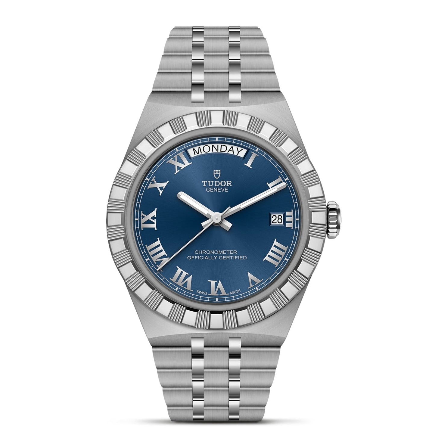 The TUDOR Royal by TUDOR is a silver wristwatch with a blue Roman numeral dial, day at 12, date at 3, and stainless steel bracelet—ideal for lovers of automatic sport-chic style.