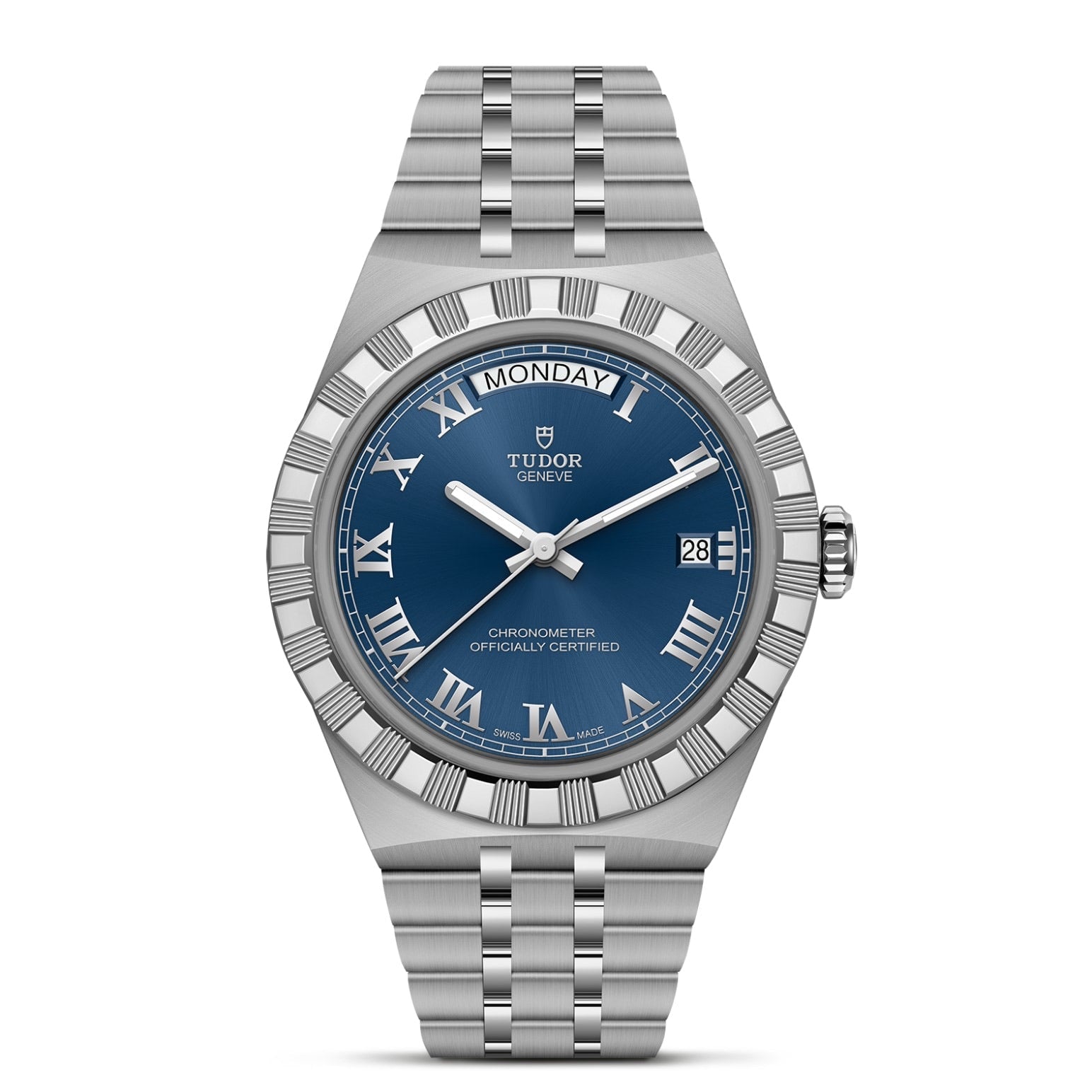 The TUDOR Royal by TUDOR is a silver wristwatch with a blue Roman numeral dial, day at 12, date at 3, and stainless steel bracelet—ideal for lovers of automatic sport-chic style.