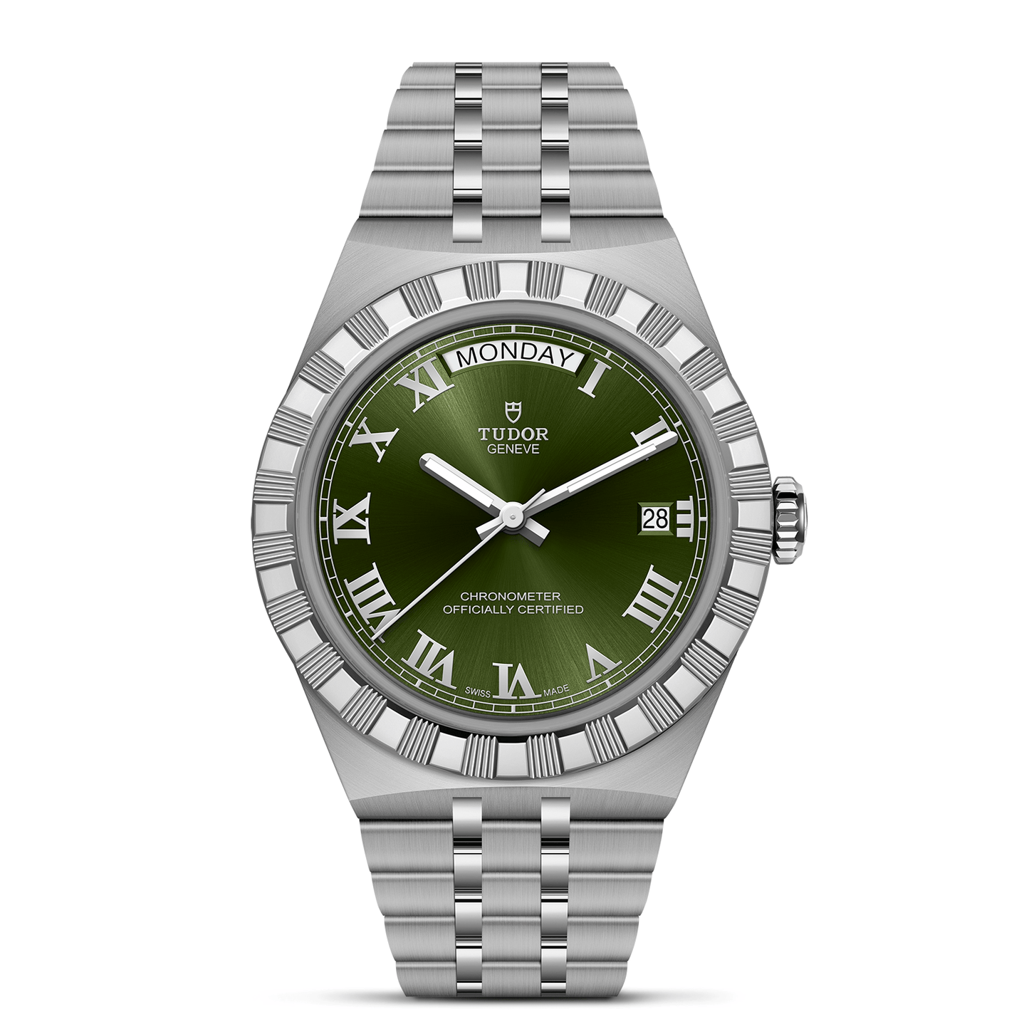 The TUDOR Royal by TUDOR features a stainless steel case and bracelet, silver finish, green dial with Roman numerals, day at 12 o'clock, date at 3 o'clock—a refined automatic sport-chic wristwatch.