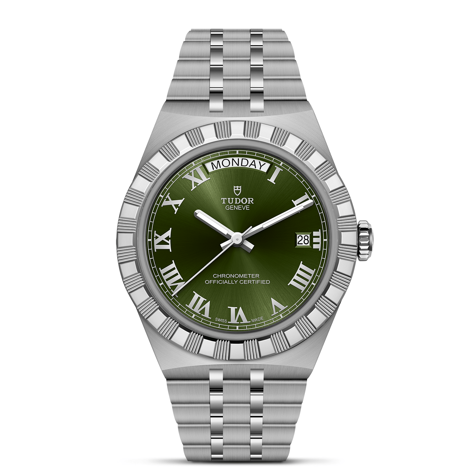 The TUDOR Royal by TUDOR features a stainless steel case and bracelet, silver finish, green dial with Roman numerals, day at 12 o'clock, date at 3 o'clock—a refined automatic sport-chic wristwatch.