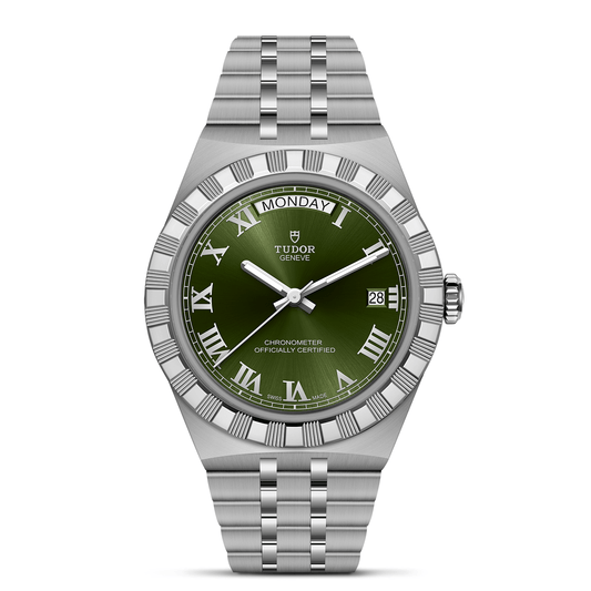 The TUDOR Royal by TUDOR features a stainless steel case and bracelet, silver finish, green dial with Roman numerals, day at 12 o'clock, date at 3 o'clock—a refined automatic sport-chic wristwatch.