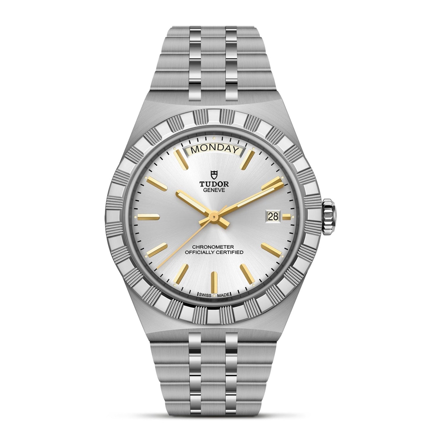 The TUDOR Royal by TUDOR is a silver automatic watch with a stainless steel bracelet, fluted bezel, silver dial, gold hour markers and hands, plus day at 12 o’clock and date at 3 o’clock—a true sport-chic timepiece.