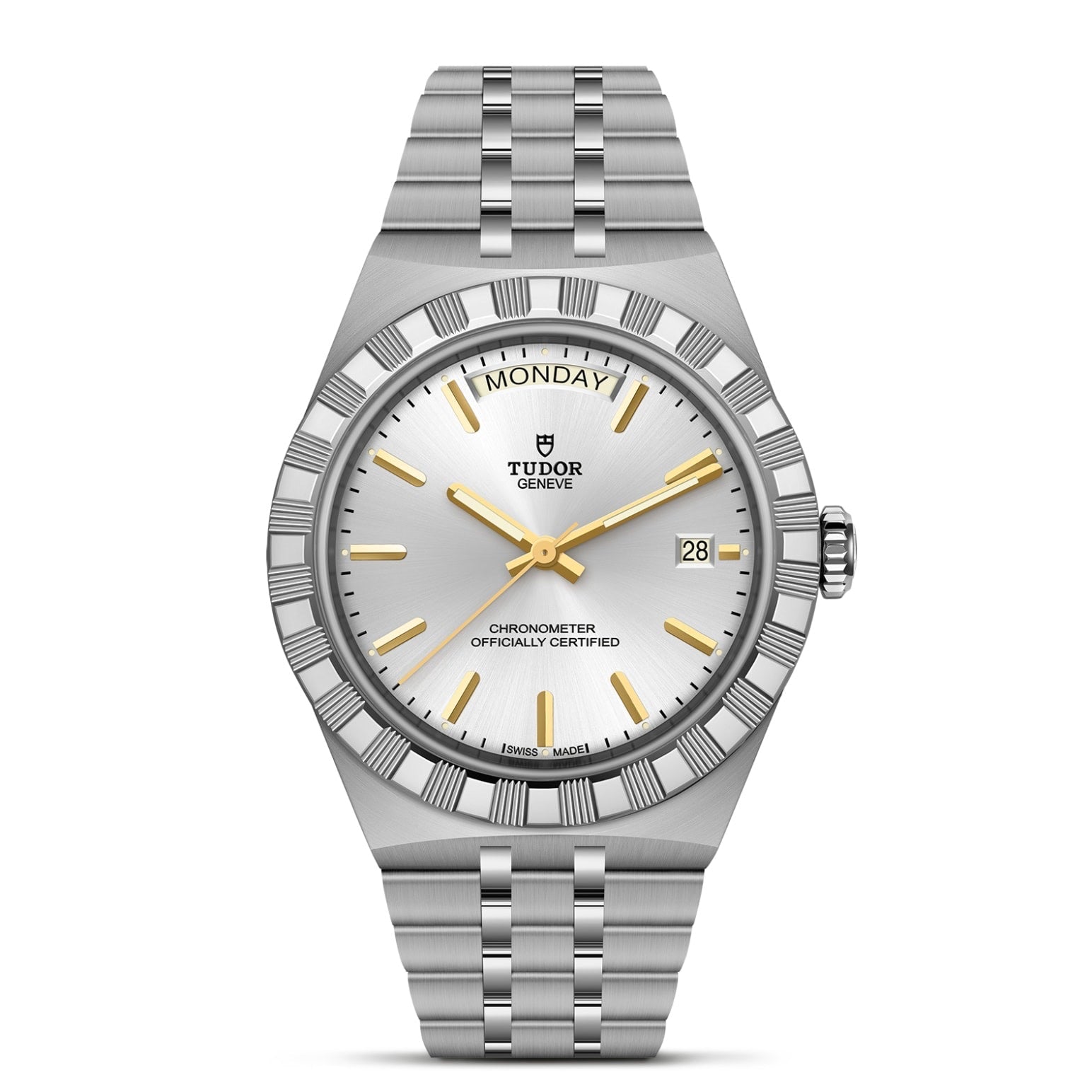 The TUDOR Royal by TUDOR is a silver automatic watch with a stainless steel bracelet, fluted bezel, silver dial, gold hour markers and hands, plus day at 12 o’clock and date at 3 o’clock—a true sport-chic timepiece.