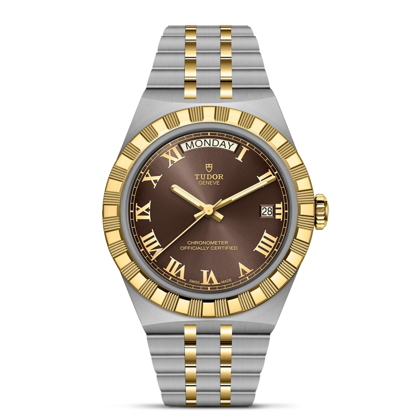 The TUDOR Royal by TUDOR is a two-tone automatic watch with a brown dial, gold Roman numerals, gold bezel, and a stainless steel and gold bracelet. It displays the day at 12 o’clock and the date at 3 o’clock.