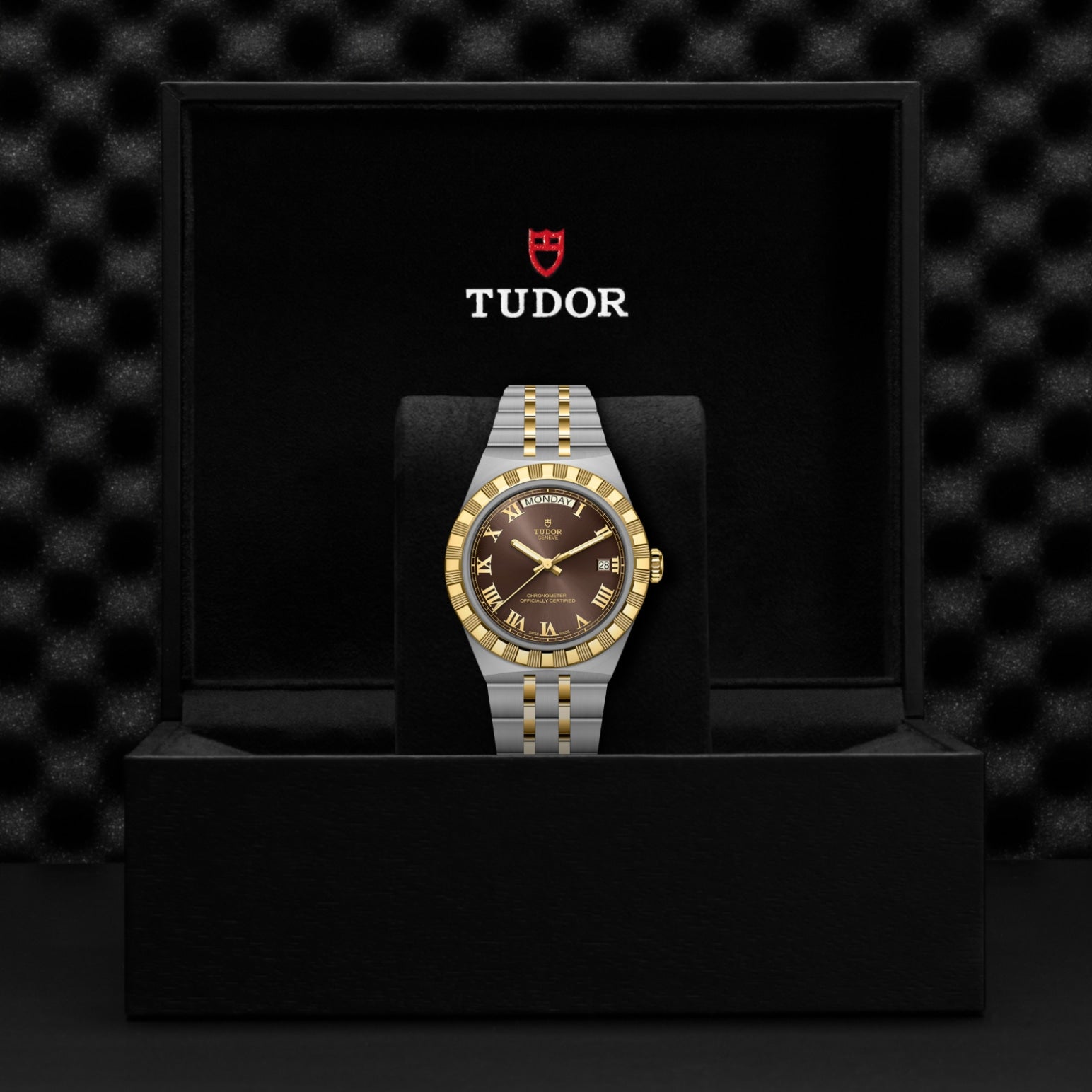 A TUDOR Royal automatic watch by TUDOR features a gold and silver metal band, a brown dial with gold Roman numerals, and is upright in a black Tudor box set against a textured black background.
