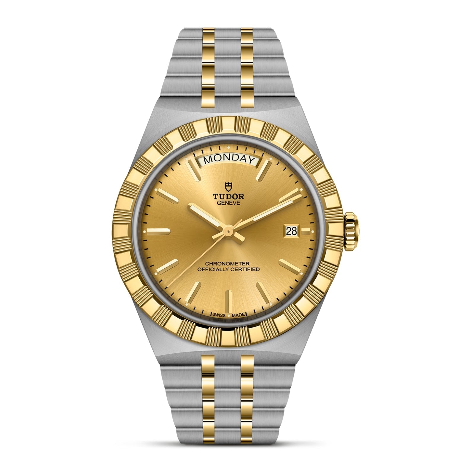 The TUDOR Royal by TUDOR is a luxury automatic watch with a gold and silver bracelet, gold bezel, and gold dial. It features luminous markers, day display at 12, and date at 3 for a sport-chic style.