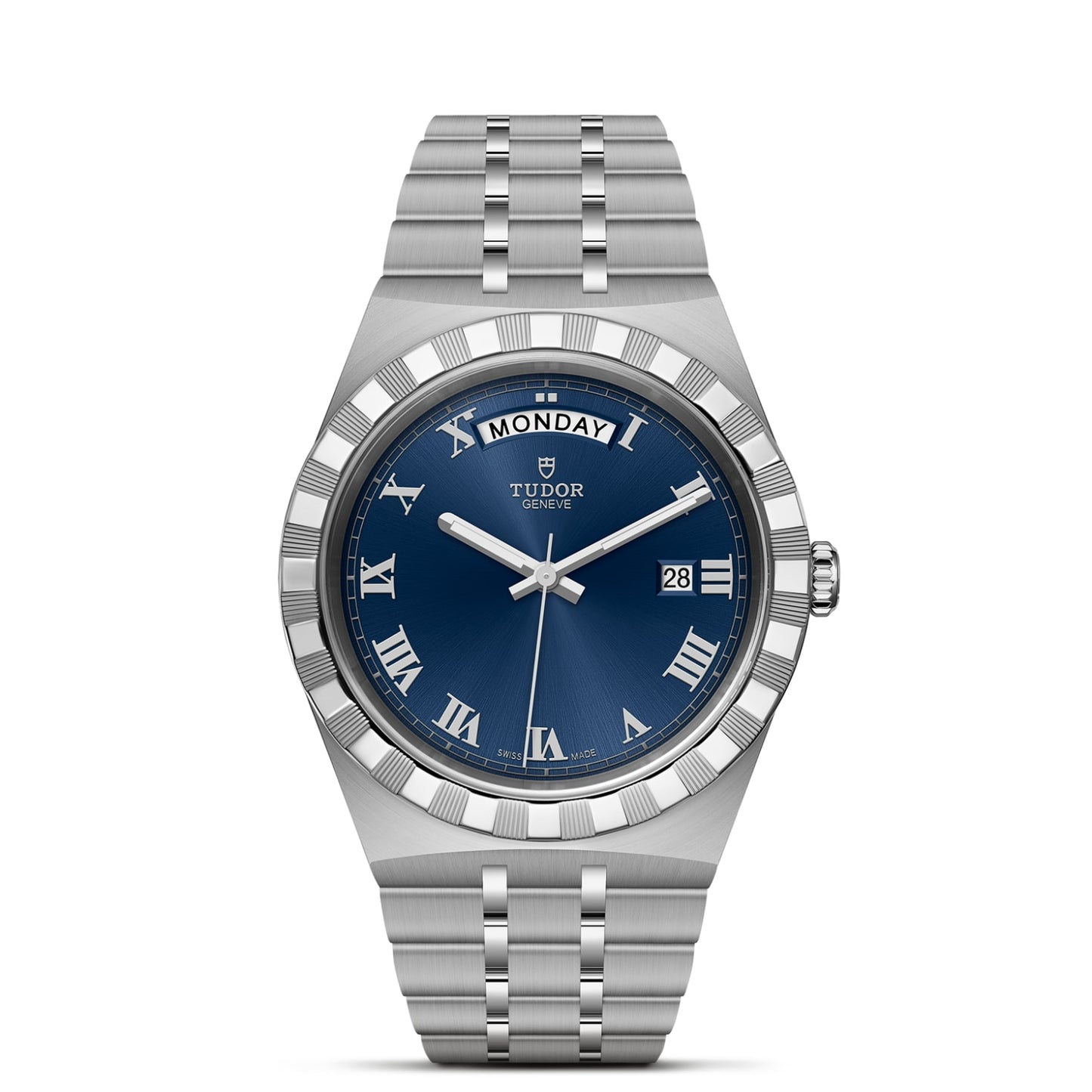The TUDOR Royal by TUDOR features a stainless steel bracelet, blue dial with silver Roman numerals, day-date display at 12 and 3 o’clock, and a grooved bezel, reflecting elegant automatic sport-chic style.