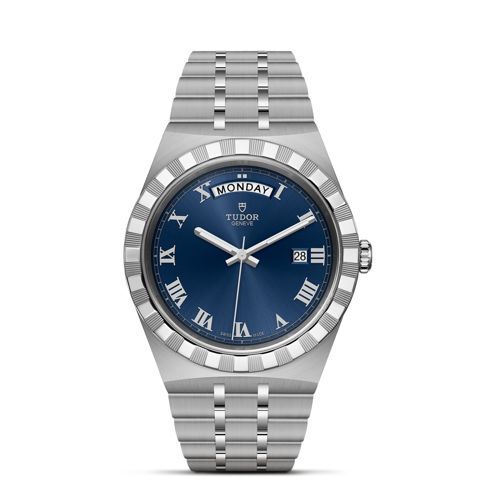 The TUDOR Royal by TUDOR features a stainless steel bracelet, blue dial with silver Roman numerals, day-date display at 12 and 3 o’clock, and a grooved bezel, reflecting elegant automatic sport-chic style.
