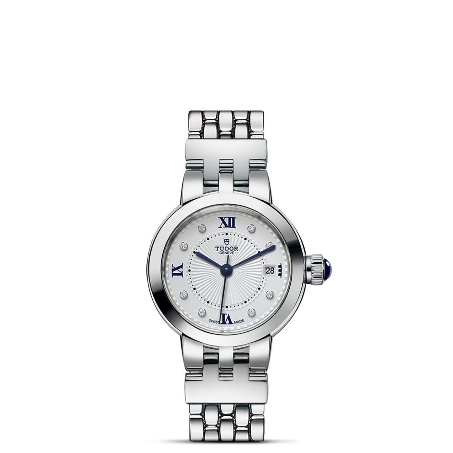 A TUDOR Clair de Rose wristwatch featuring an opaline dial, blue lacquered Roman numerals at 12, 3, 6, and 9, diamond hour markers, a date display at 3 o’clock, and a linked metal bracelet.