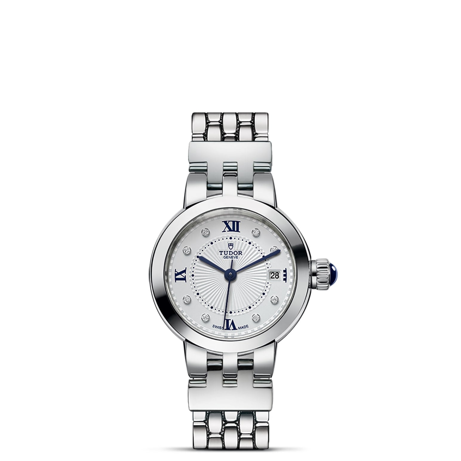 A TUDOR Clair de Rose wristwatch featuring an opaline dial, blue lacquered Roman numerals at 12, 3, 6, and 9, diamond hour markers, a date display at 3 o’clock, and a linked metal bracelet.