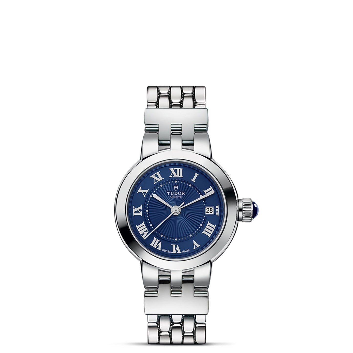 The TUDOR Clair de Rose wristwatch features an opaline dial with blue Roman numerals, a date display at 3 o’clock, and a stainless steel link bracelet, all shown on a white background.
