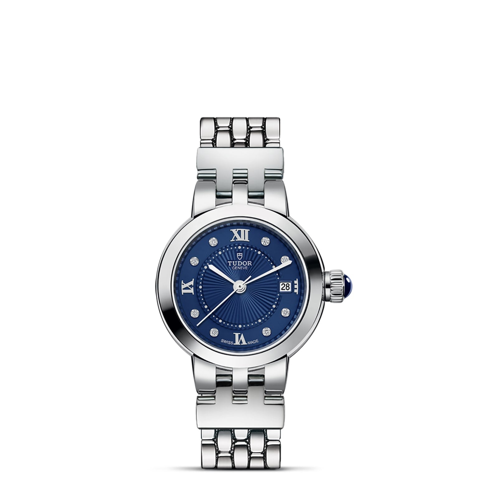 A TUDOR Clair de Rose silver wristwatch with an opaline dial, blue lacquered Roman numerals, diamond hour markers, a date at 3 o'clock, and a linked metal band is displayed against a white background.