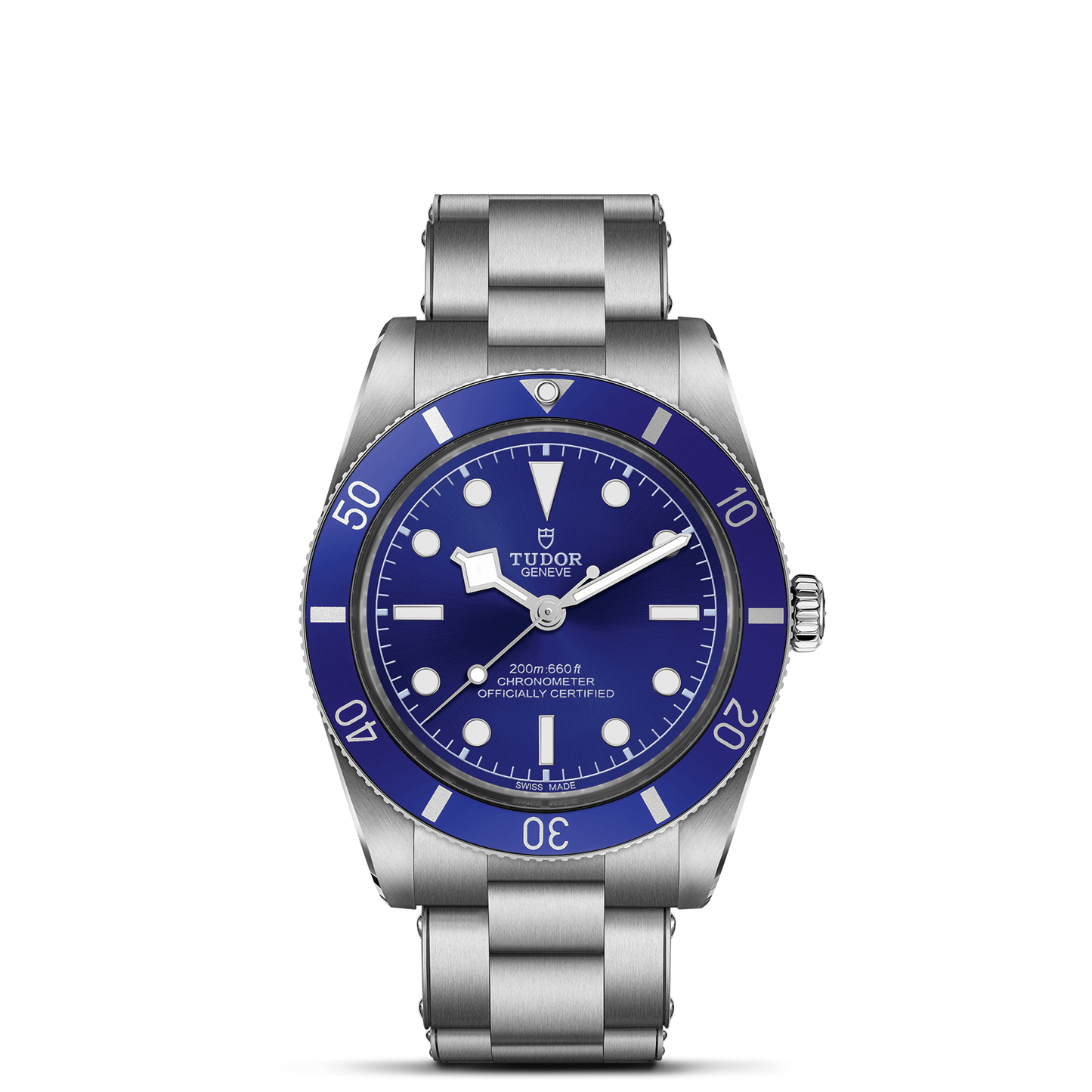 The TUDOR Black Bay 54 dive watch features a stainless steel case, Lagoon Blue bezel and dial, white hour markers, and a metal link bracelet. It is shown against a plain white background.