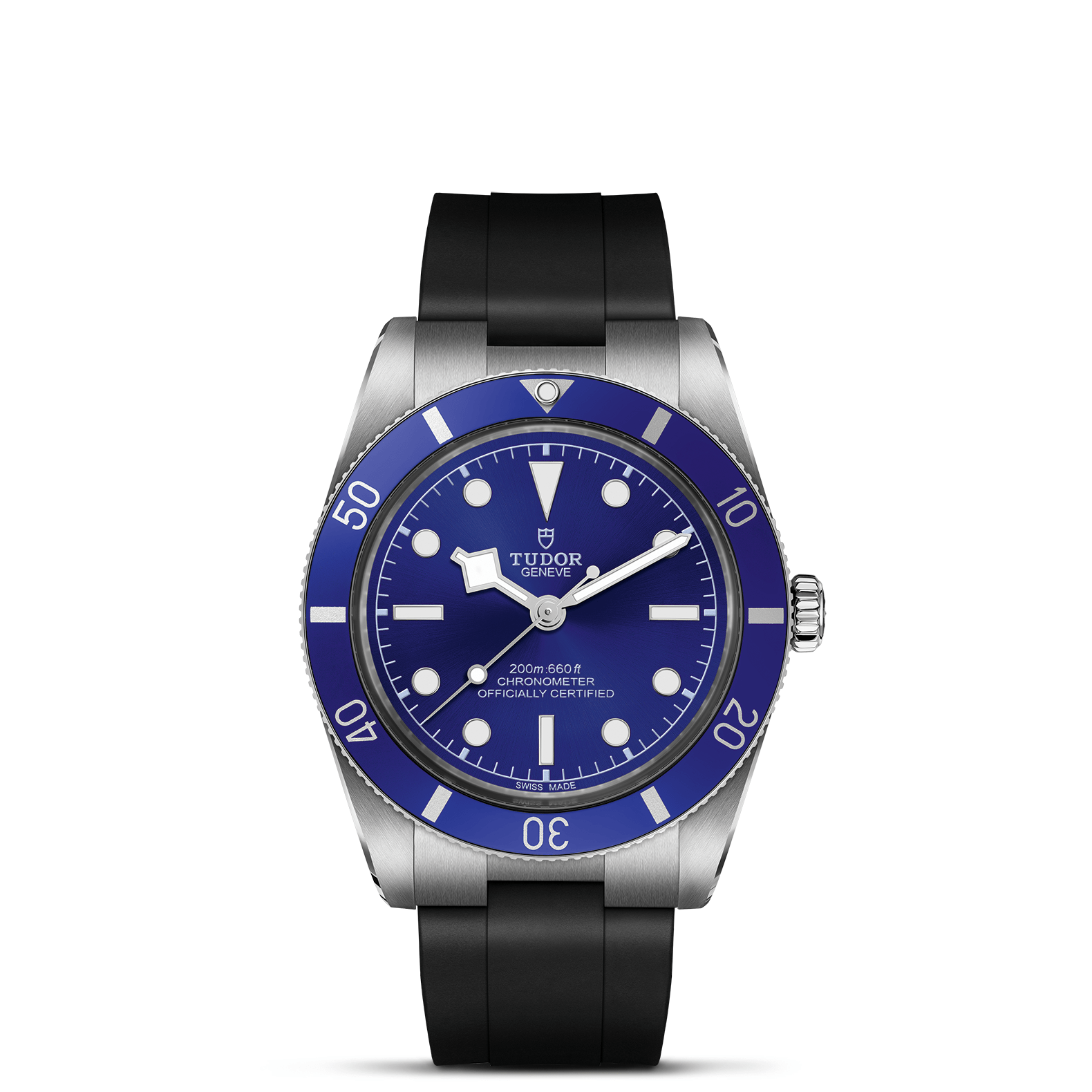 The TUDOR Black Bay 54 features a stainless steel case, Lagoon Blue bezel and dial, luminous markers, white hands, and comes with a black rubber strap.