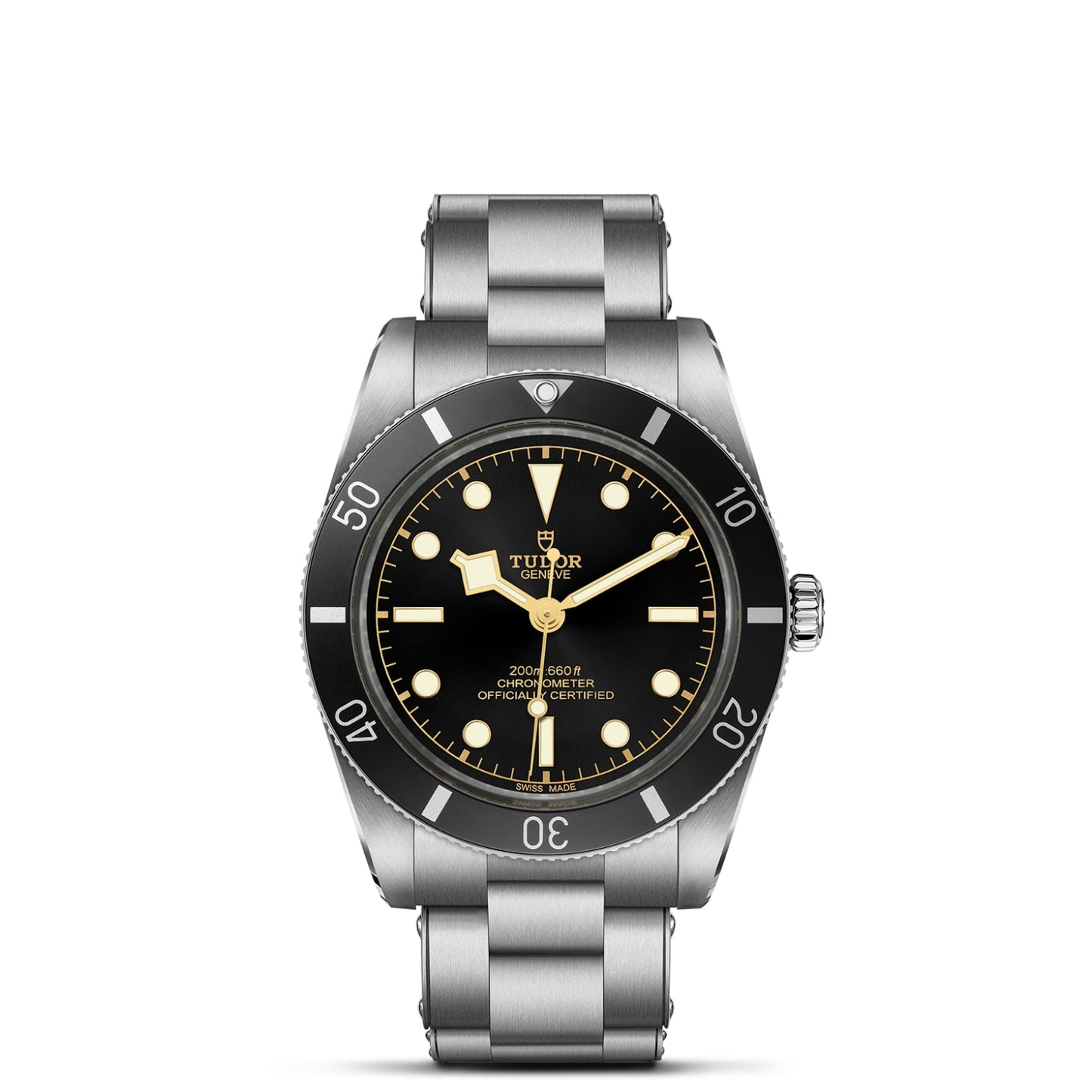 The TUDOR Black Bay 54 is a stainless steel dive watch with a 37mm case, black bezel and dial, luminous hour markers, silver bracelet, time display, and water resistance to 200 meters.