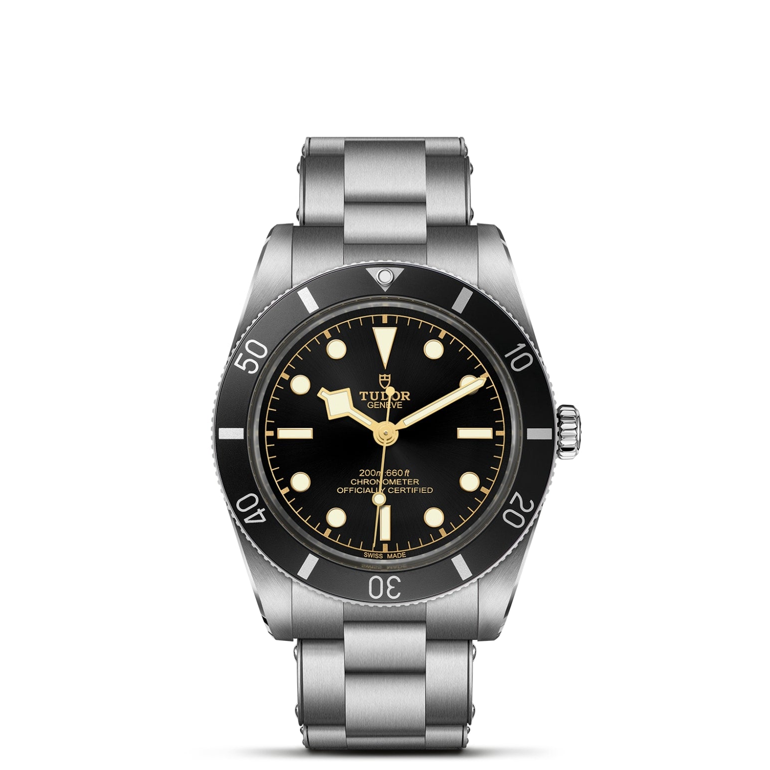The TUDOR Black Bay 54 is a stainless steel dive watch with a 37mm case, black bezel and dial, luminous hour markers, silver bracelet, time display, and water resistance to 200 meters.